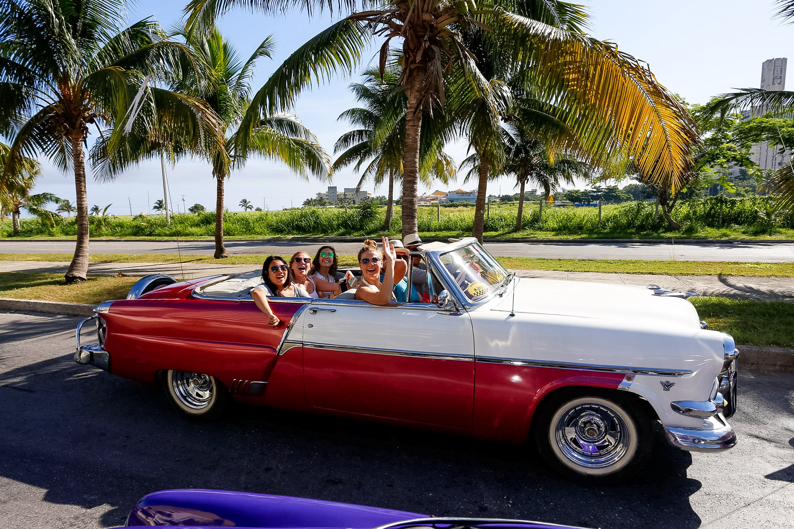 Students ride in a red and white classic convertible along a palm-lined street