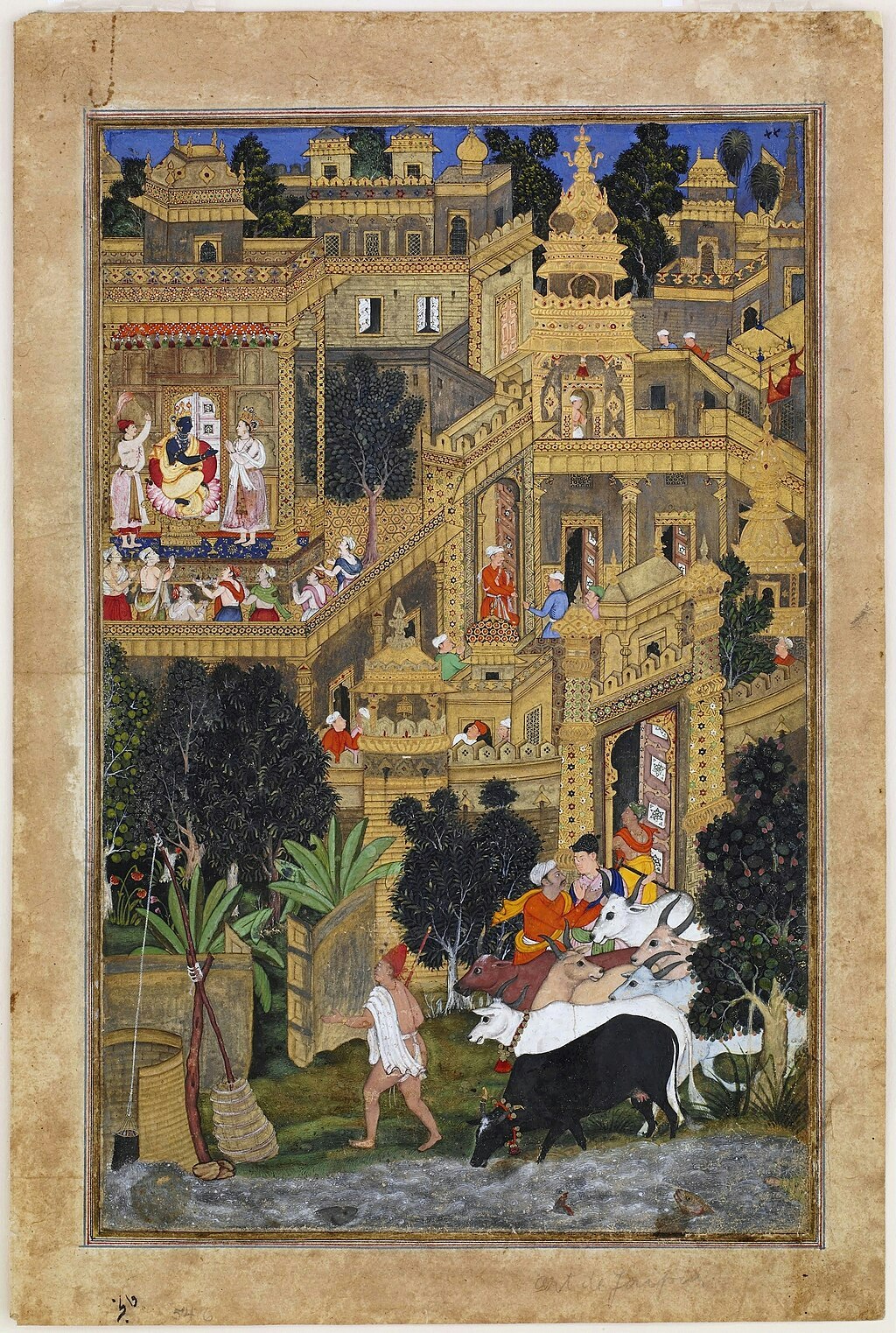 This page from the Harivamsha dates back to ca 1600 and is located in the Freer and Sackler Gallery Washington. Medium: gold, watercolor paint and ink on paper 