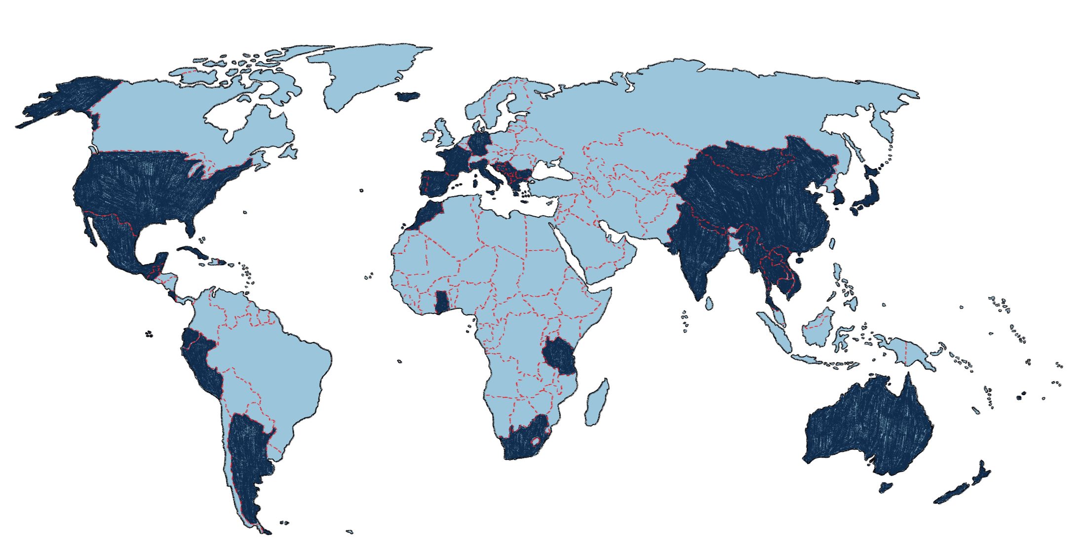 Illustrated world map with the 38 countries where Rustic Pathways runs student programs shaded navy
