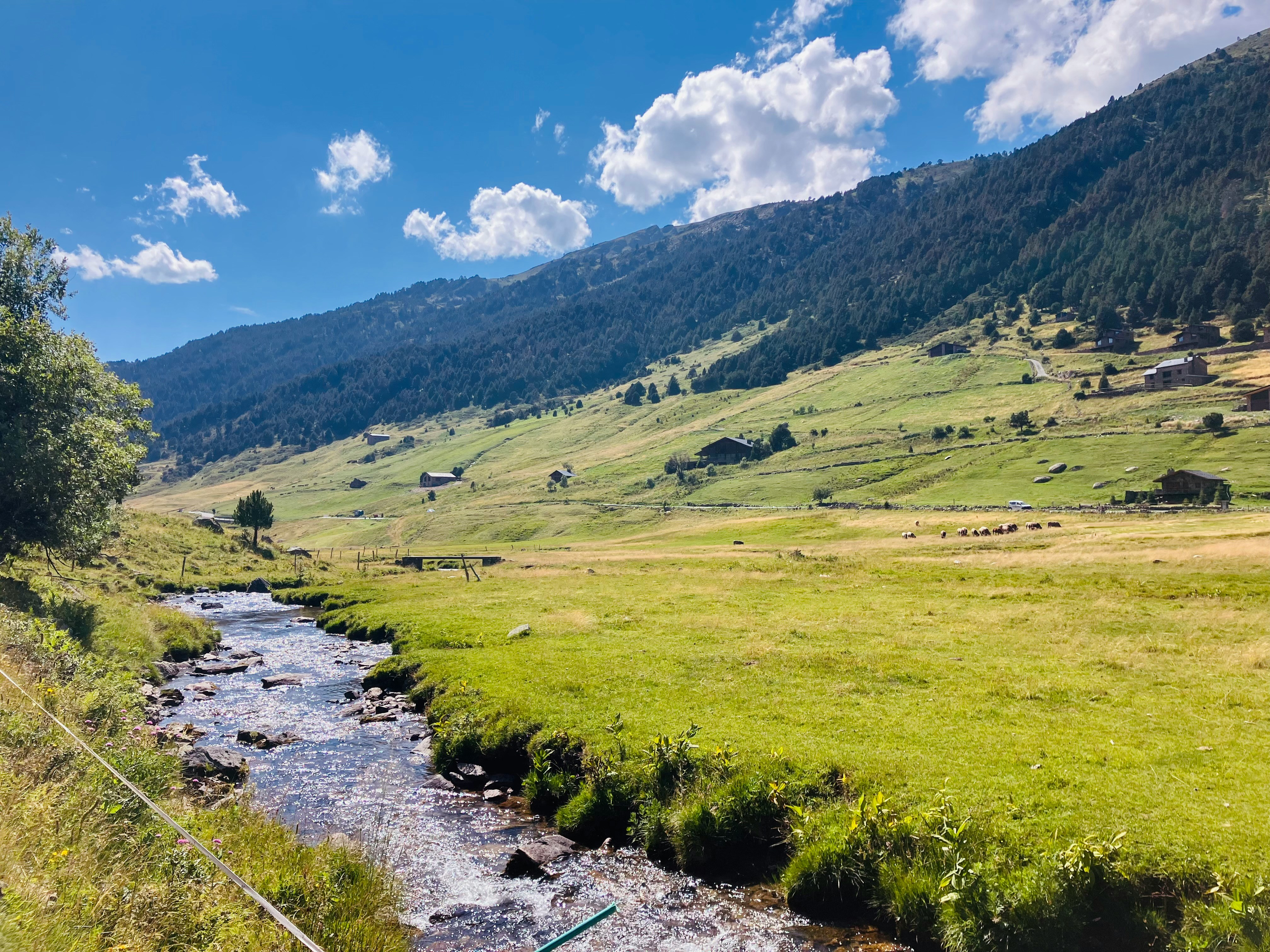 A stream runs through a green high valley past scattered stone farm buildings, with wooded slopes rising behind.