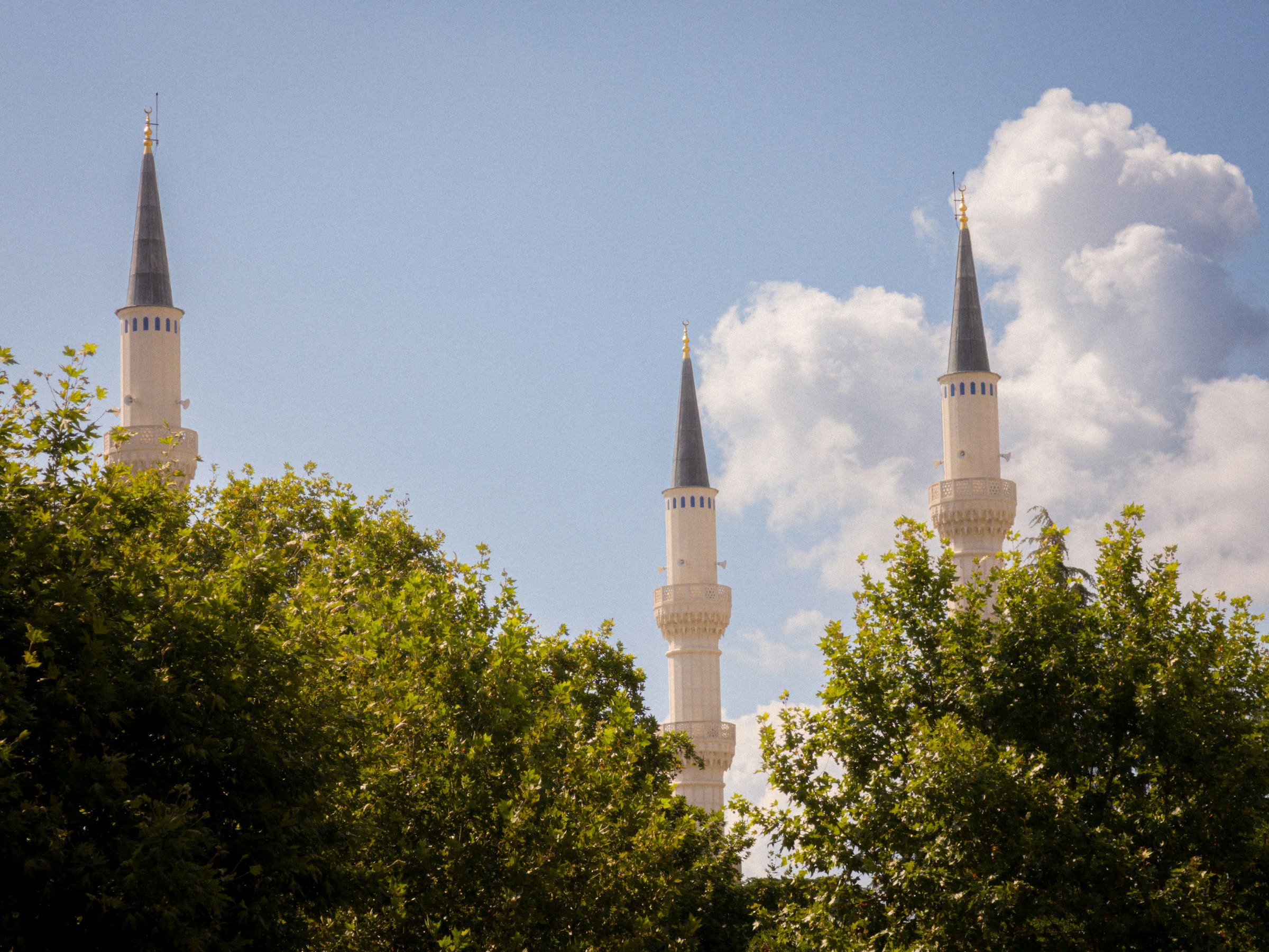 Three minarets rising above green trees against a blue sky.