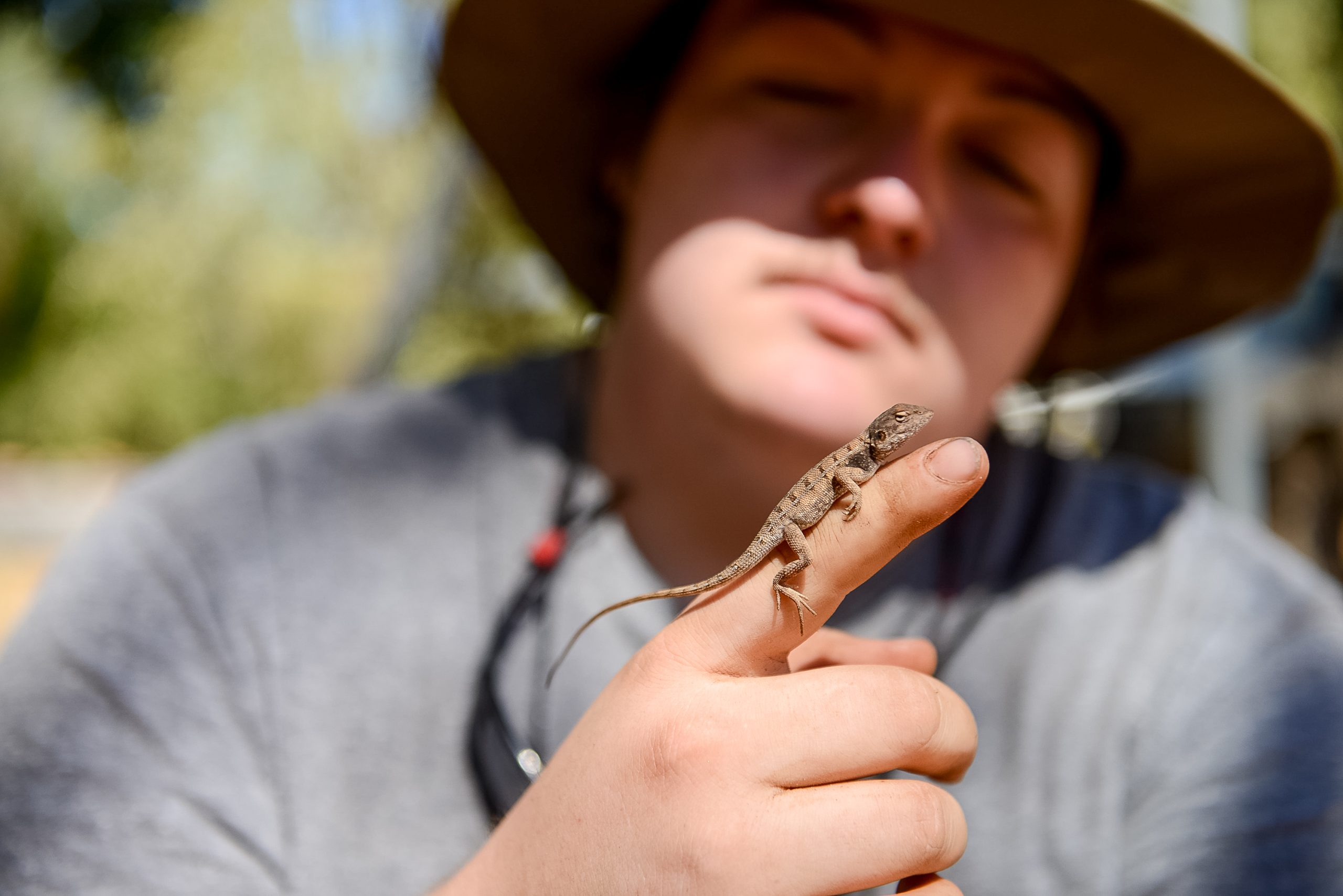 Wearing wide-brimmed hats, students take turns balancing a small lizard on their fingers