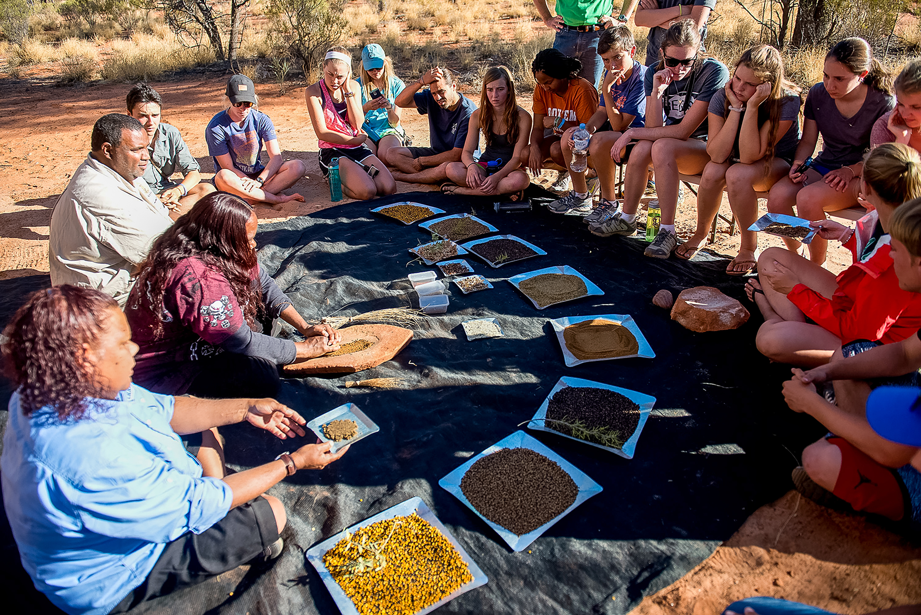 Group of people sitting in a circle learning about different types of seeds from Indigenous instructors.