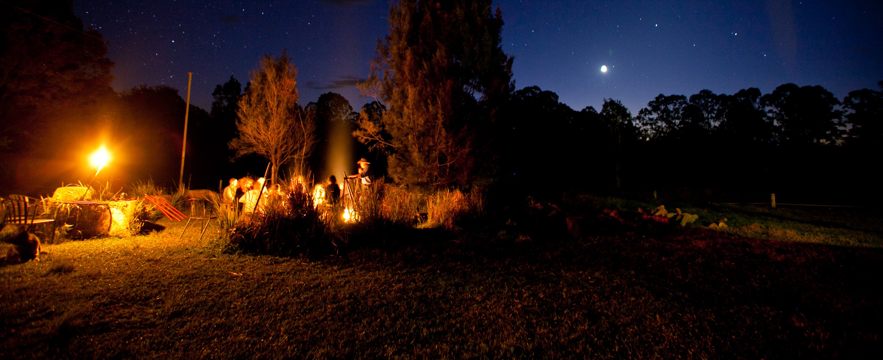 Students gather around a campfire in a field under a starry night sky