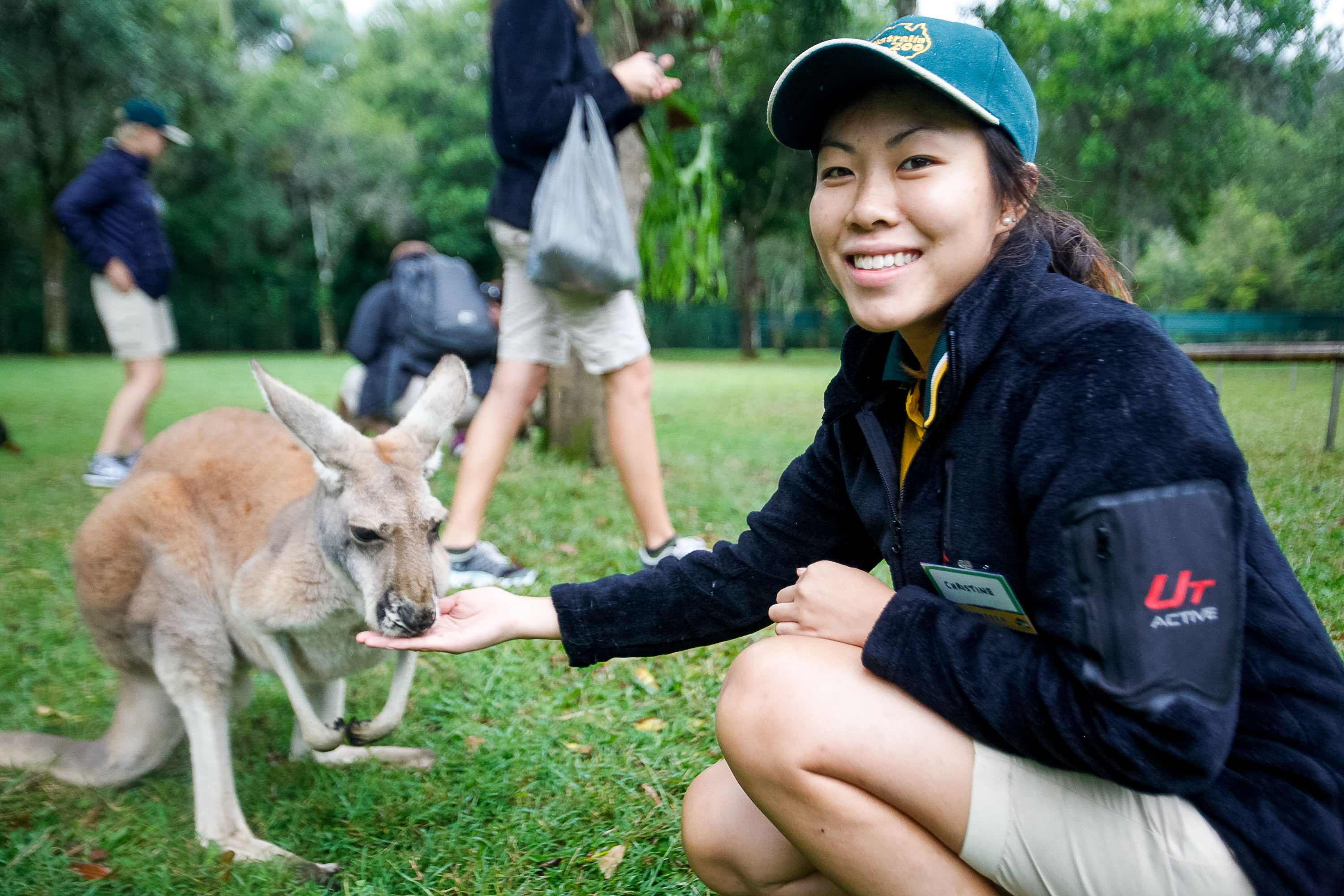 A student kneels to feed a kangaroo by hand on a grassy field in Fiji