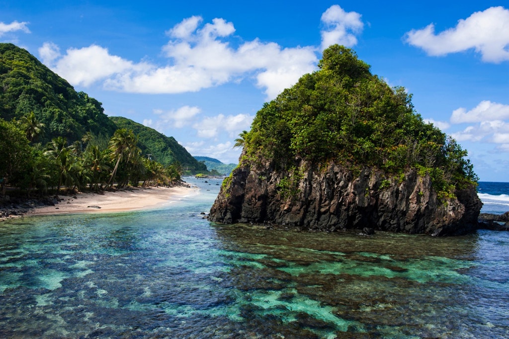 Small island off the coat of Samoa with lots of pine trees