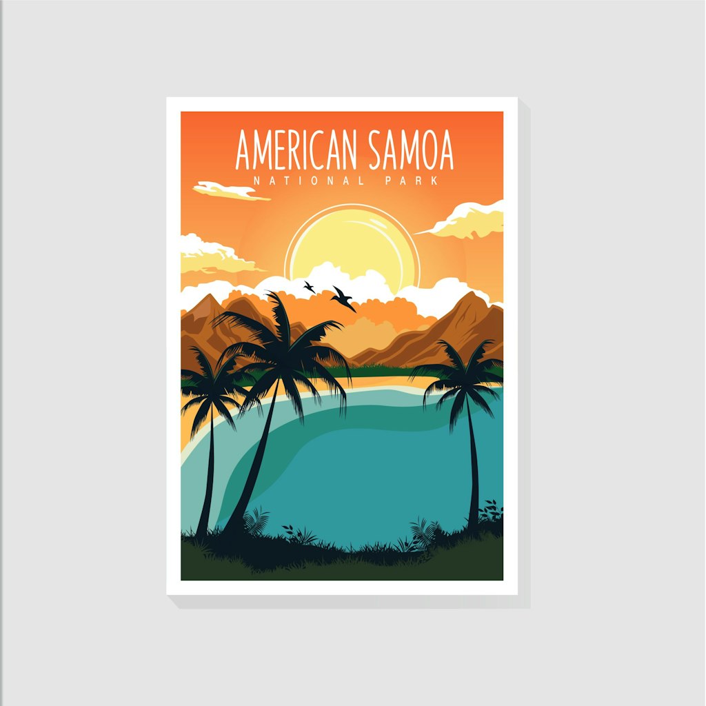 Postcard of American Somoa showing a drawing of the ocean and sunset with pine trees