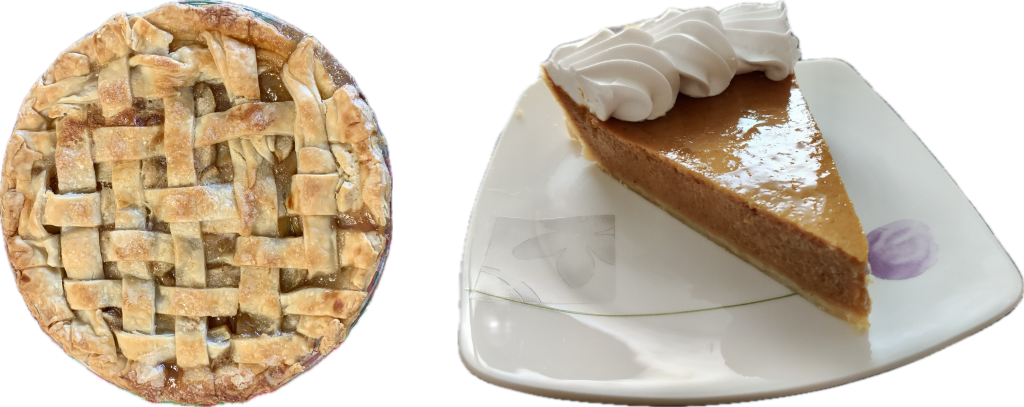 A fully baked apple pie next to a slice of pumpkin pie with whipped cream on top.