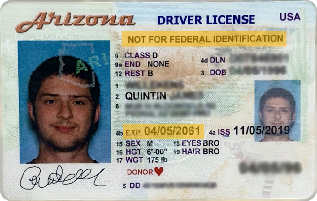 A non-REAL ID compliant Arizona driver license with an expiration date of 04/05/2061.