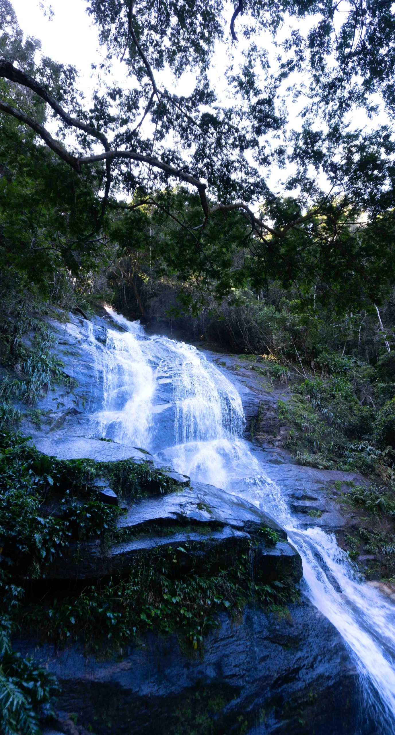 A waterfall in Tijuca National Park dropping over mossy rock through the forest canopy.