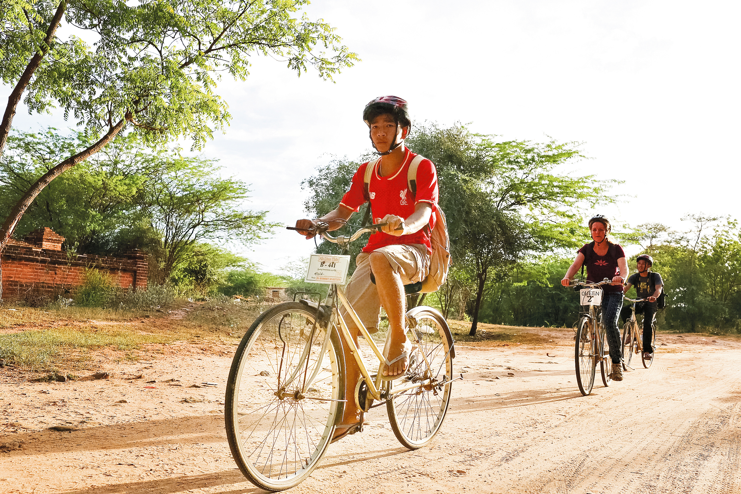A school trip bikes along a dirt road lined with trees