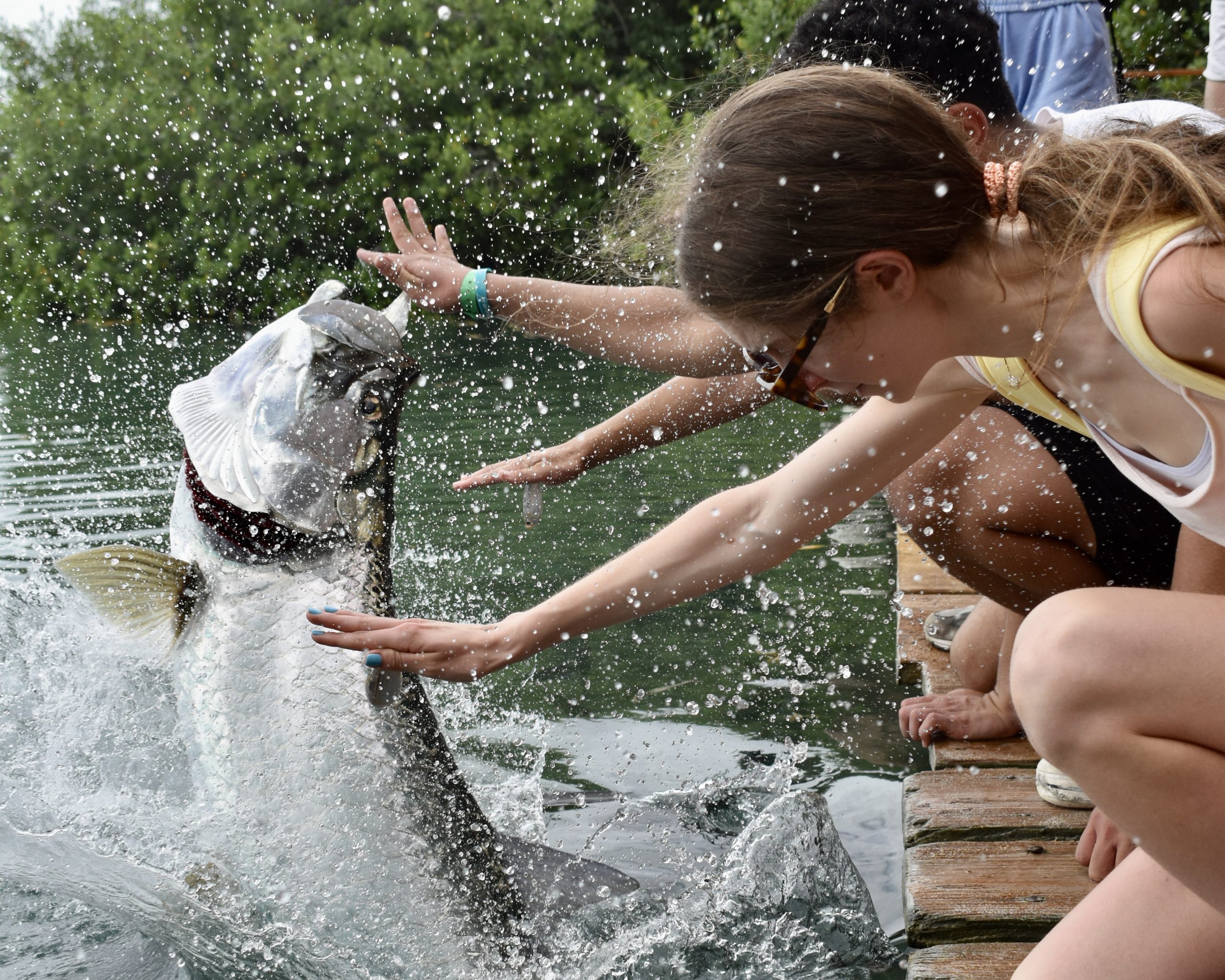 A student reaches out to a leaping fish beside the water