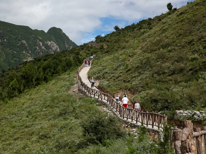 A stone stairway with a wooden handrail switchbacks up a steep green mountainside, with walkers spread out along it.