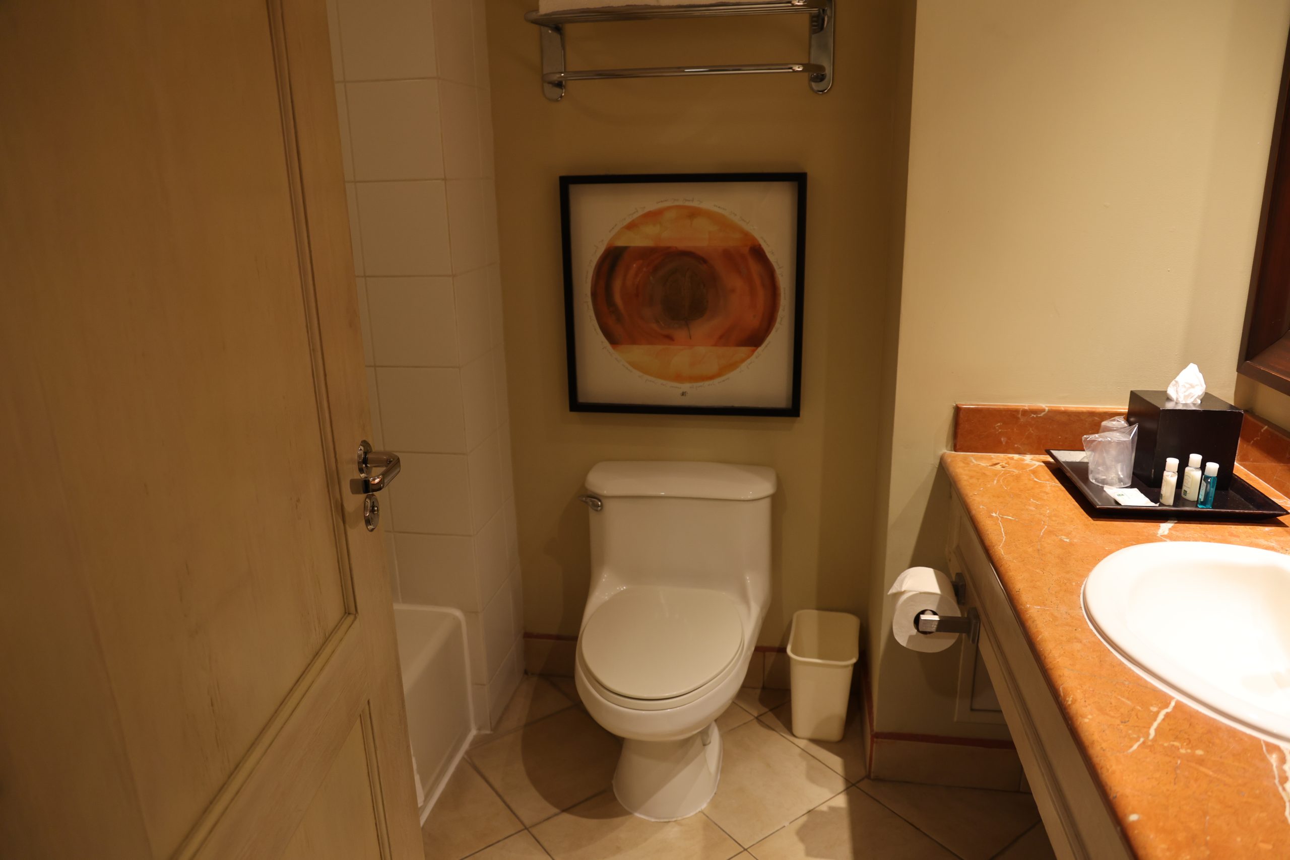Rustic Pathways base house bathroom in Costa Rica with tiled shower, sink, and modern toilet.