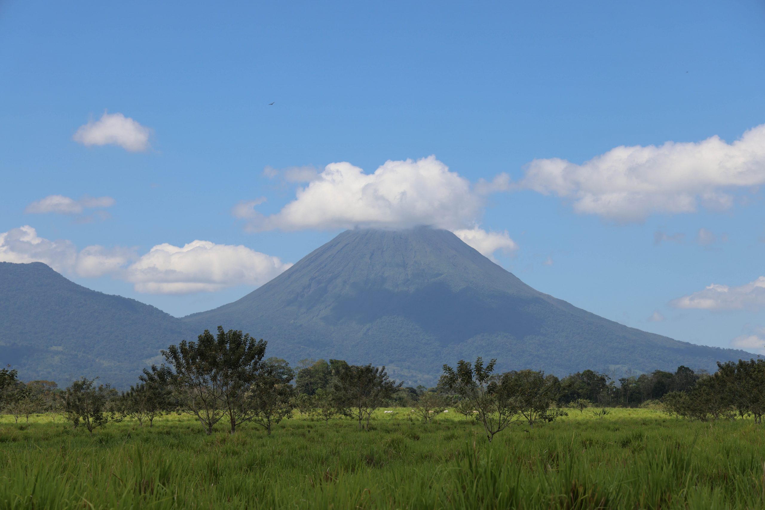A volcanic peak rises above green fields and scattered trees under a partly cloudy sky