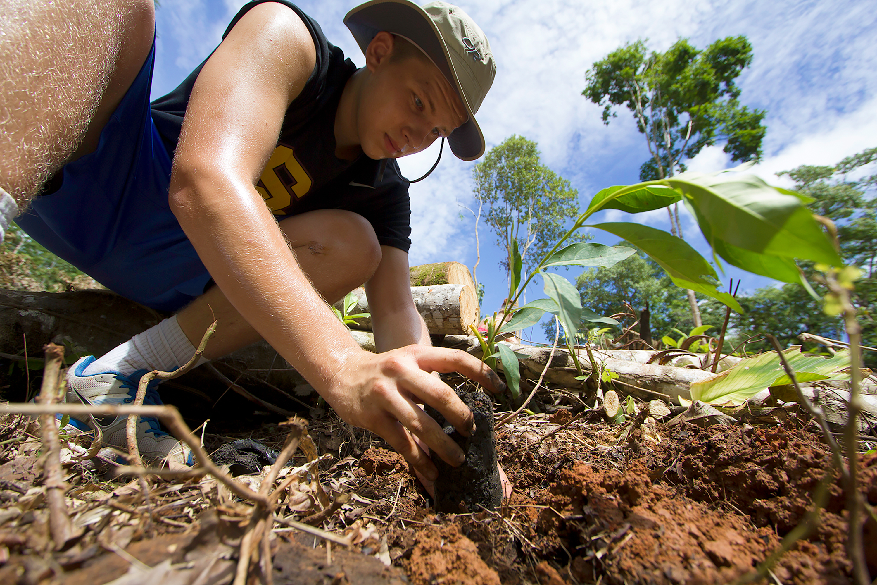 Students plant a seedling in the forest soil during a service project