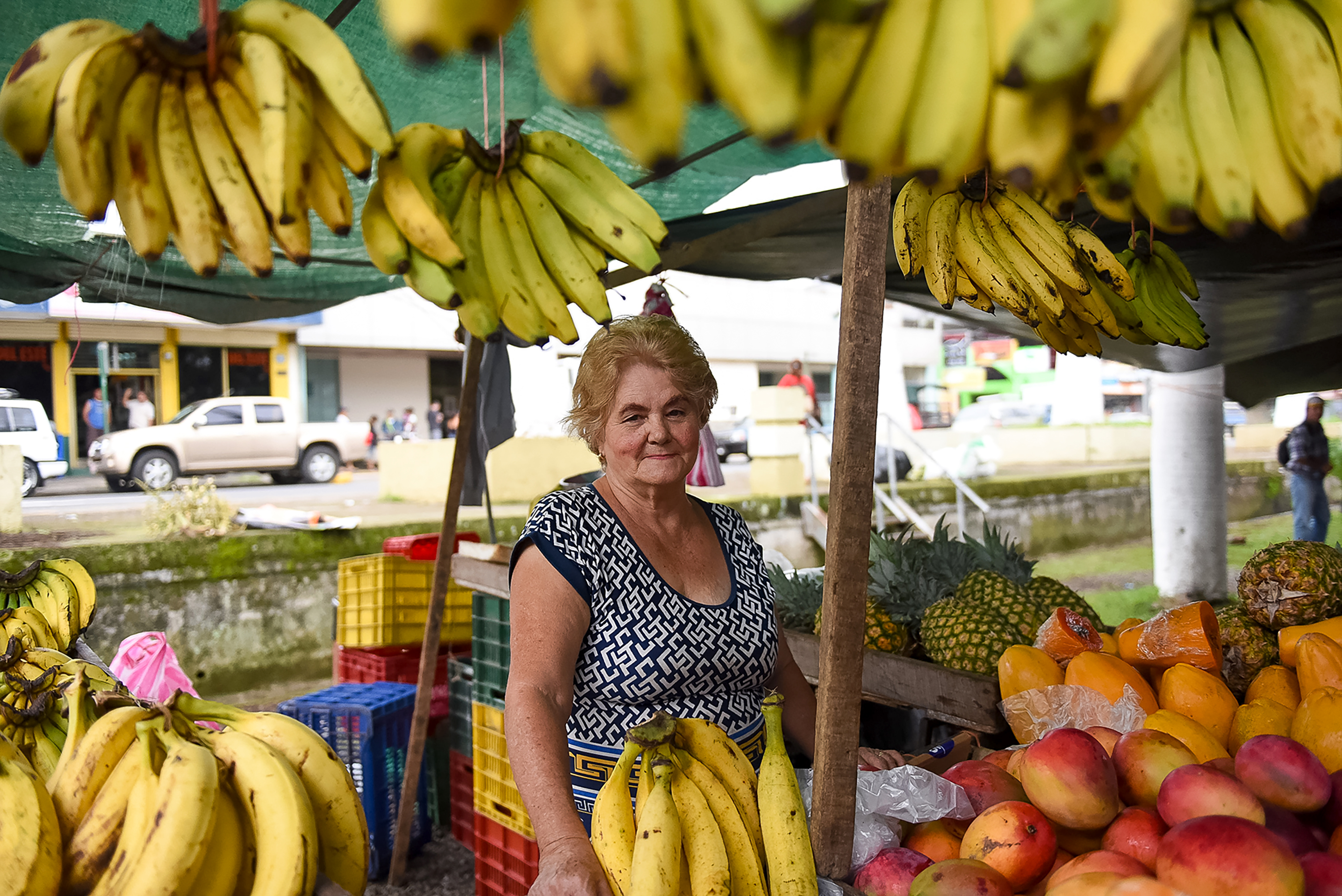 Vendor at a roadside fruit stand hung with bananas and pineapples