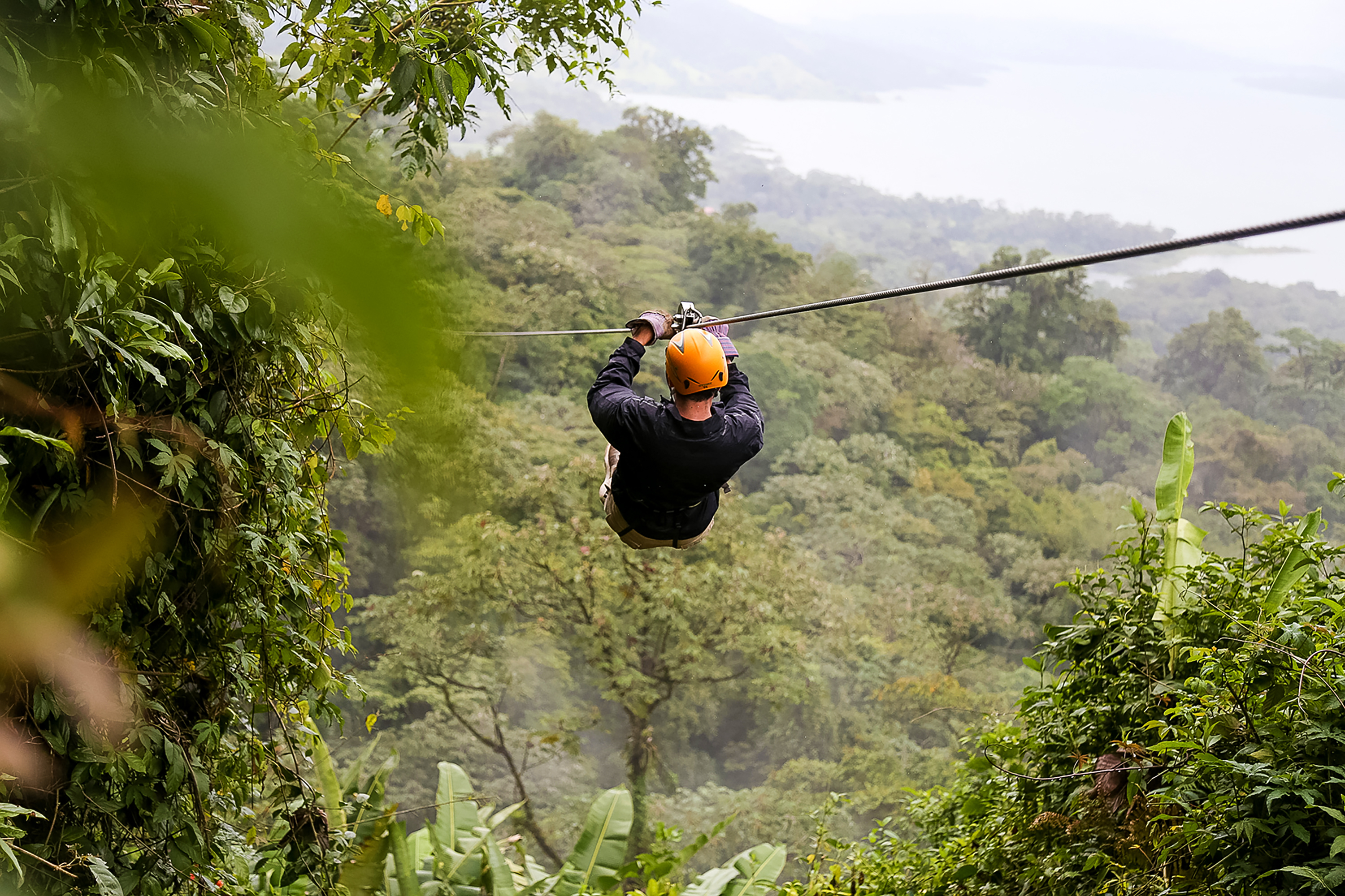 A student ziplines above a lush rainforest canopy with a lake in the distance
