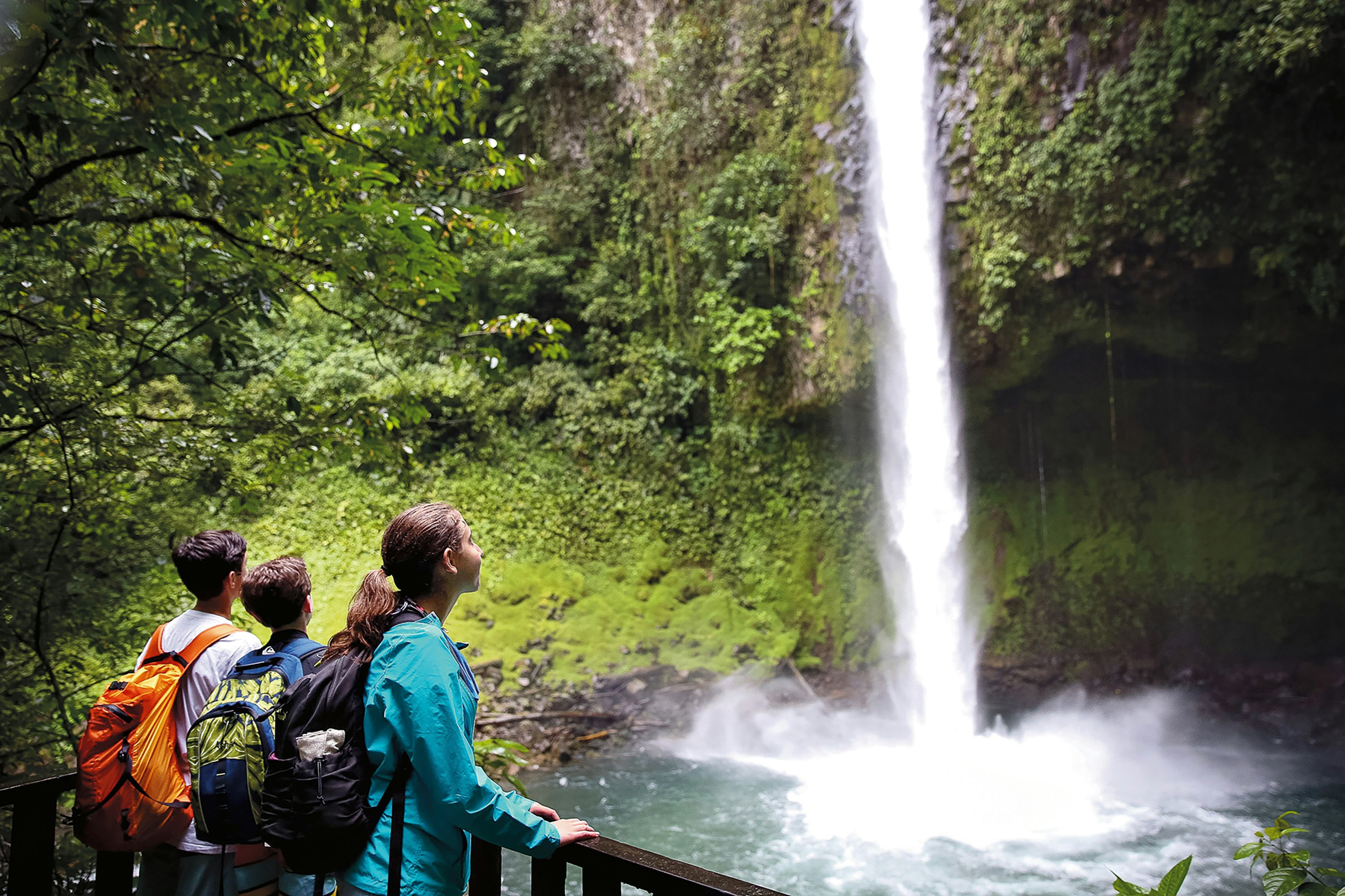 Three students on a viewing deck looking at a rainforest waterfall in Costa Rica.
