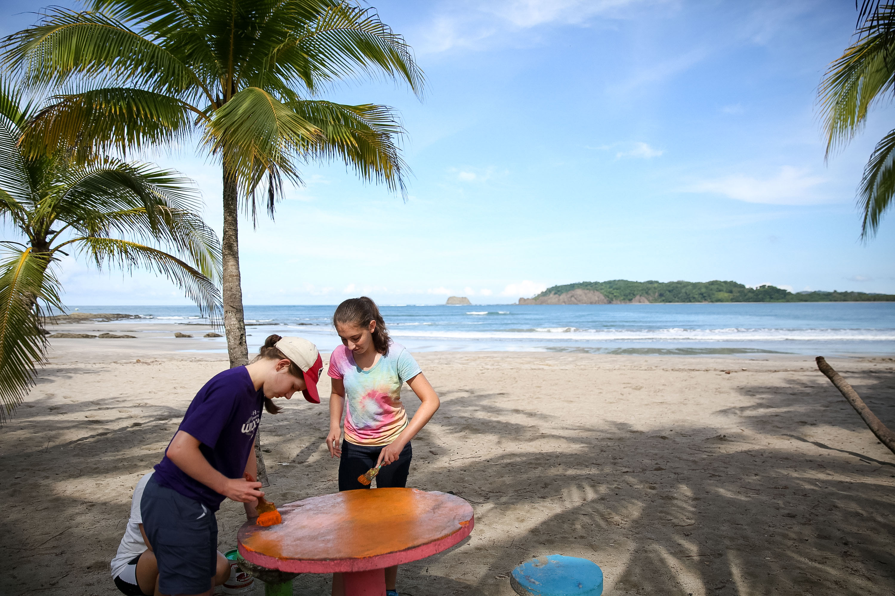 Students paint a surfboard on a palm-shaded beach