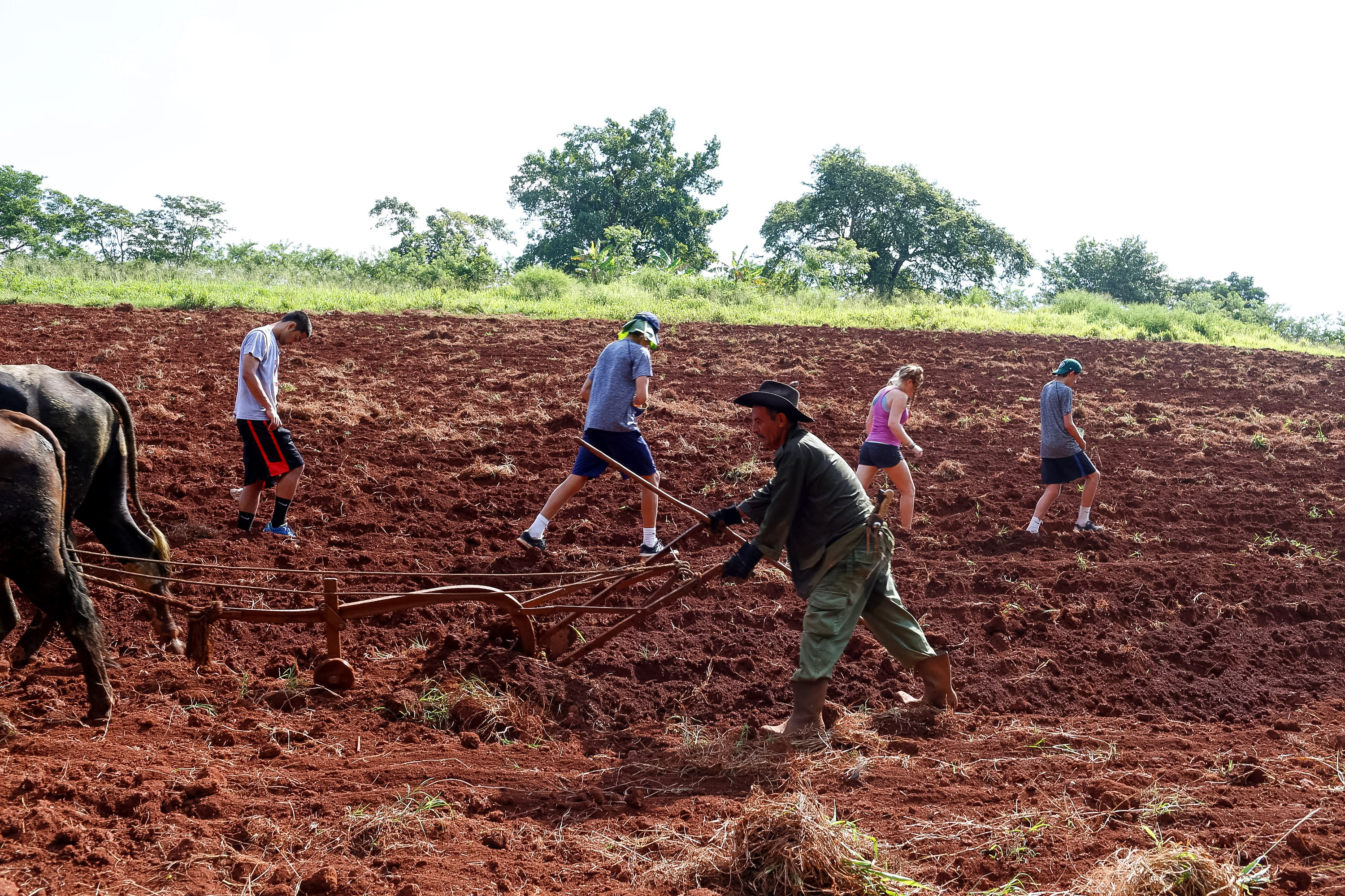 A farmer guides an ox-drawn plow while students walk behind through freshly tilled red soil