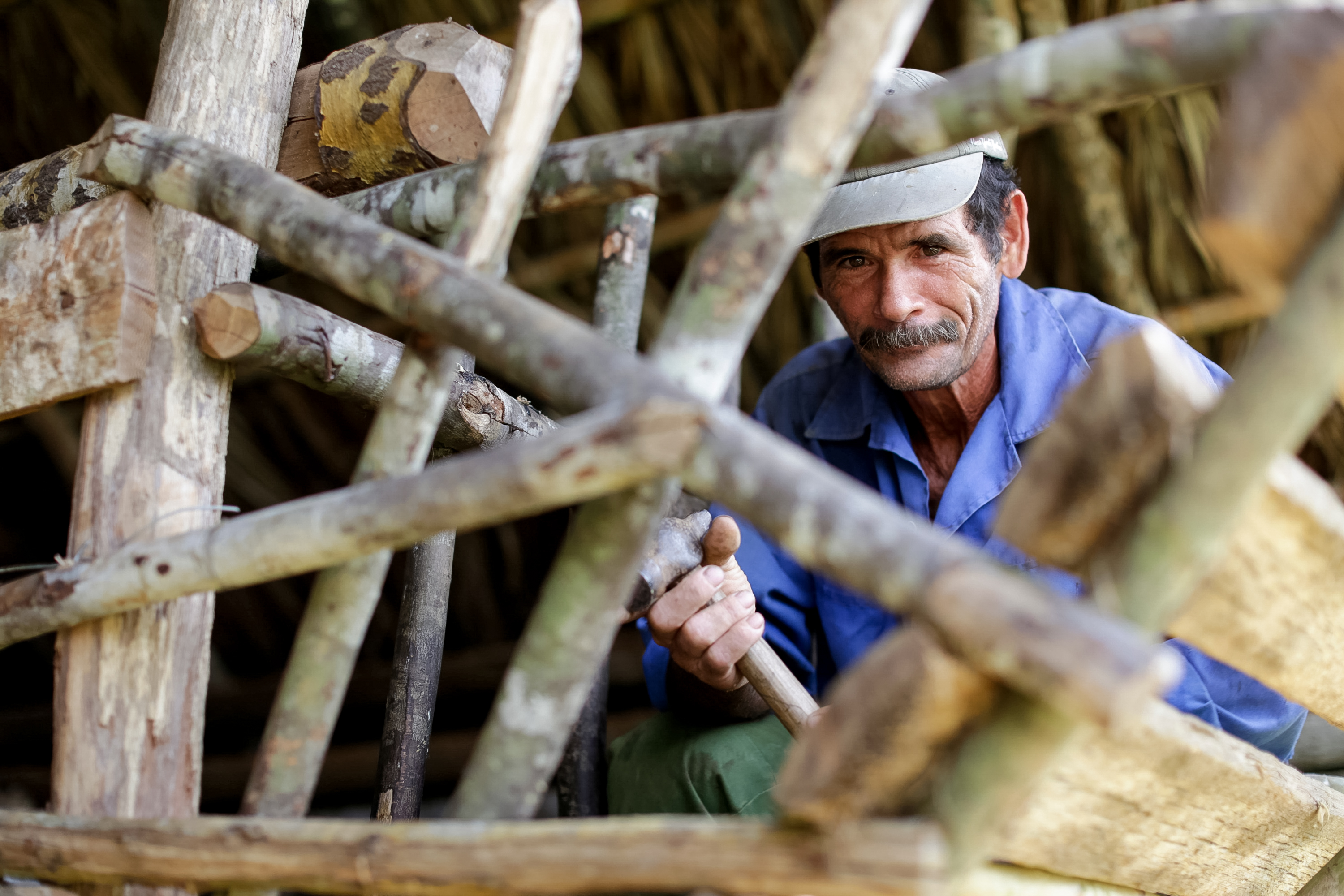 A school trip stops to watch a local craftsman build a wooden structure with hand tools