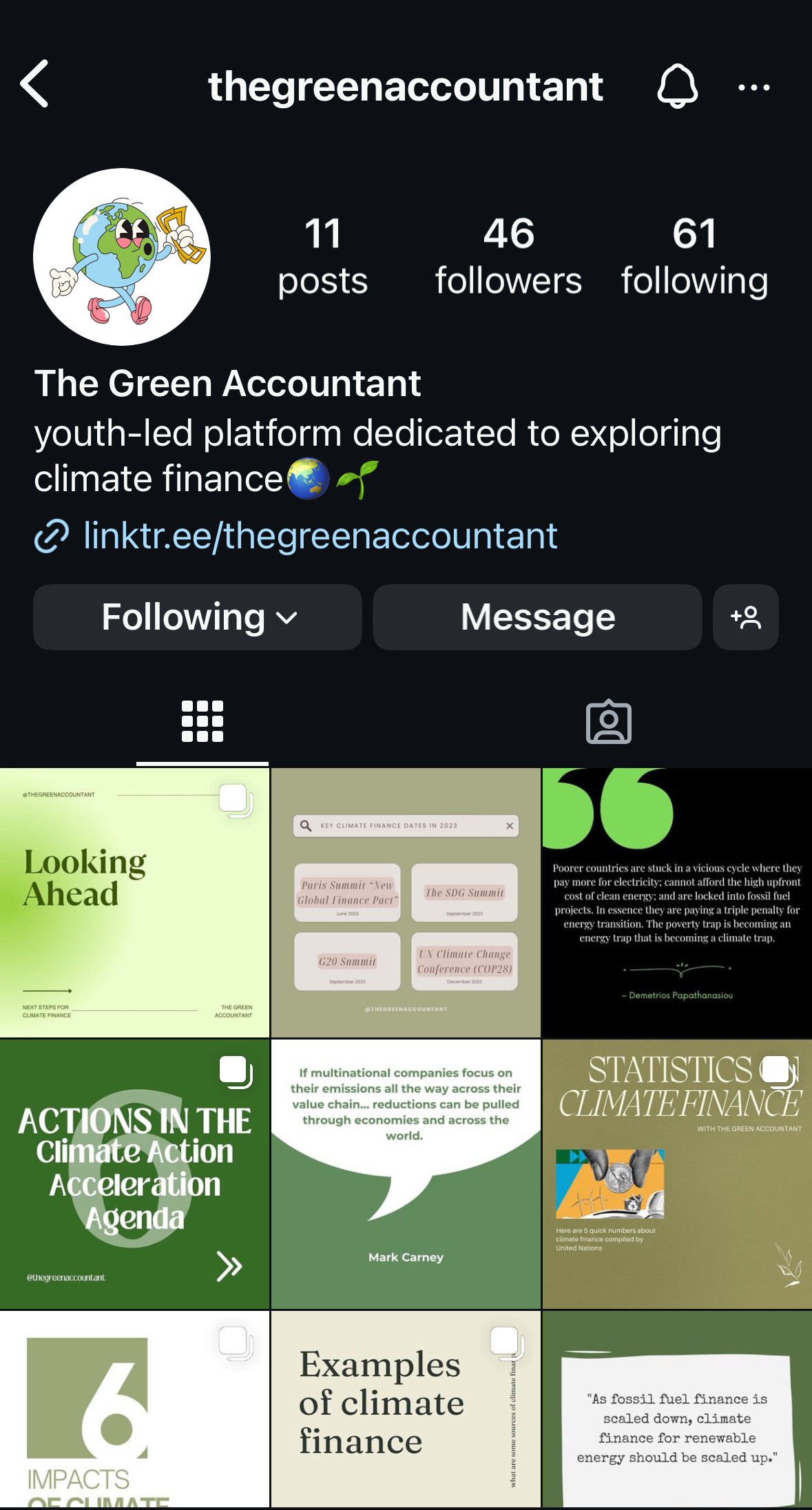 Choyoung Kim's Instagram account promoting climate finance.