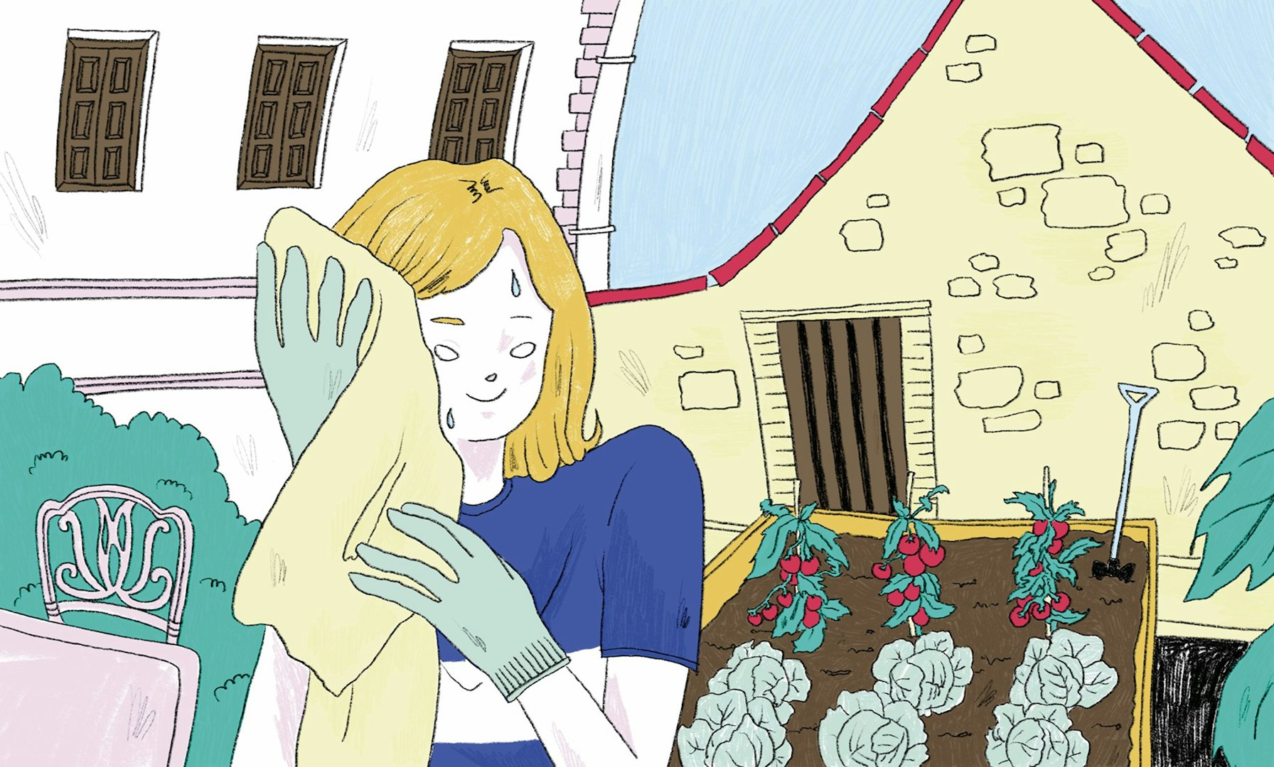 Hand-drawn illustration of a student taking climate action by helping out in a community garden.