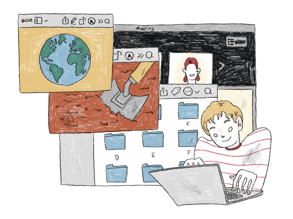 Illustration of a student working on a Climate Leaders Fellowship project online, researching global environmental issues and collaborating on climate action solutions.