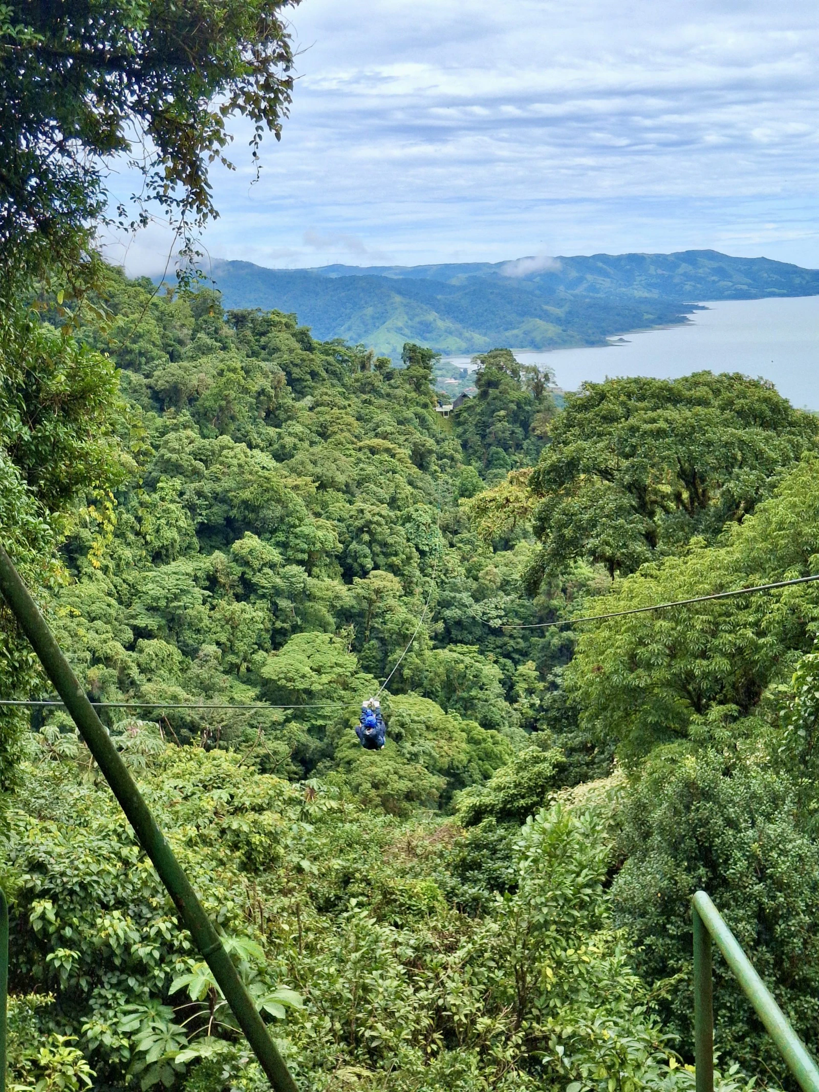 A rainforest valley with a zip line cable crossing the trees in Costa Rica