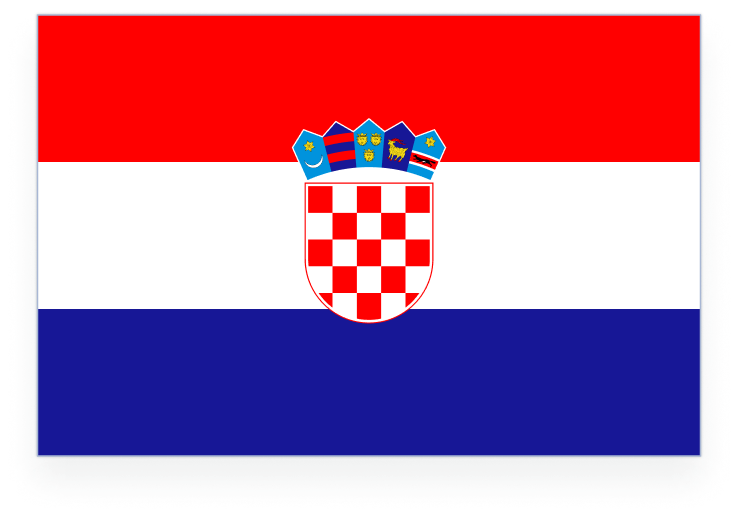 Croatian flag featuring a red, white, and blue tricolor with a central shield displaying a red and white checkered pattern and five smaller shields.