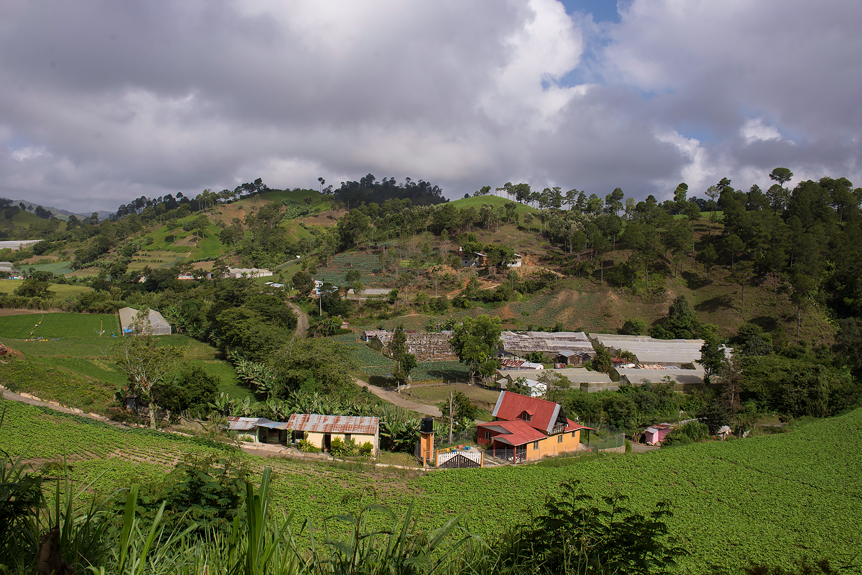 A hillside village with scattered houses amid green farmland under a cloudy sky