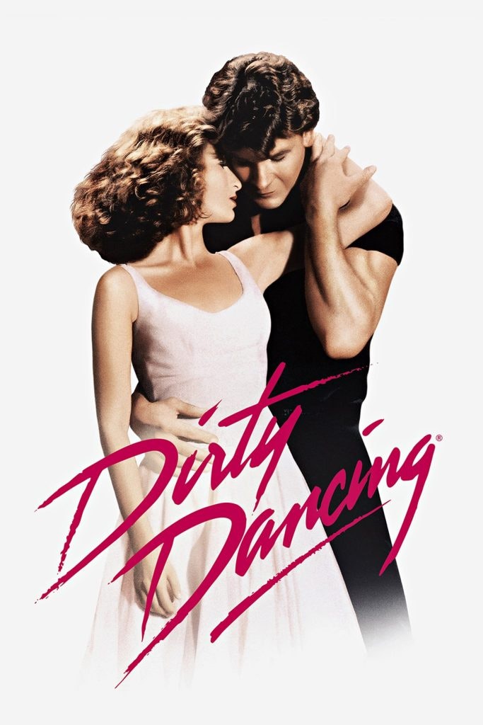 The Dirty Dancing film poster shows Baby and Johnny, dancing in a close embrace, with the title prominently displayed in bold lettering.