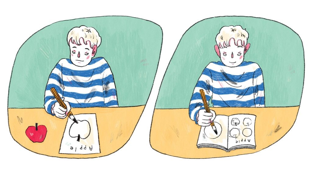 hand-drawn illustration showing a student drawing an apple from a real example versus from memory.