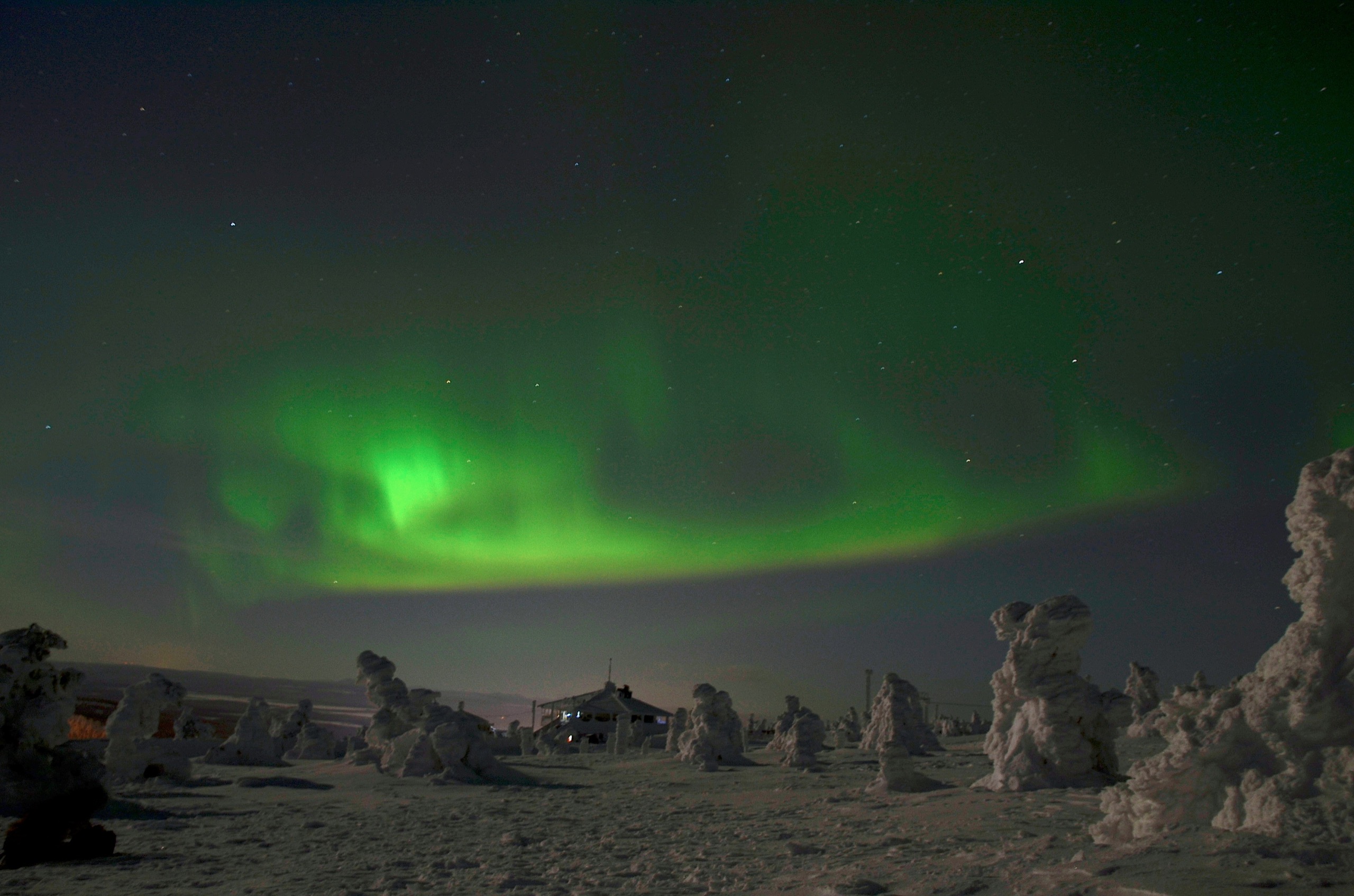 A green aurora arcs across a starry night sky above snow-crusted trees and a lone lit cabin on a Lapland fell.