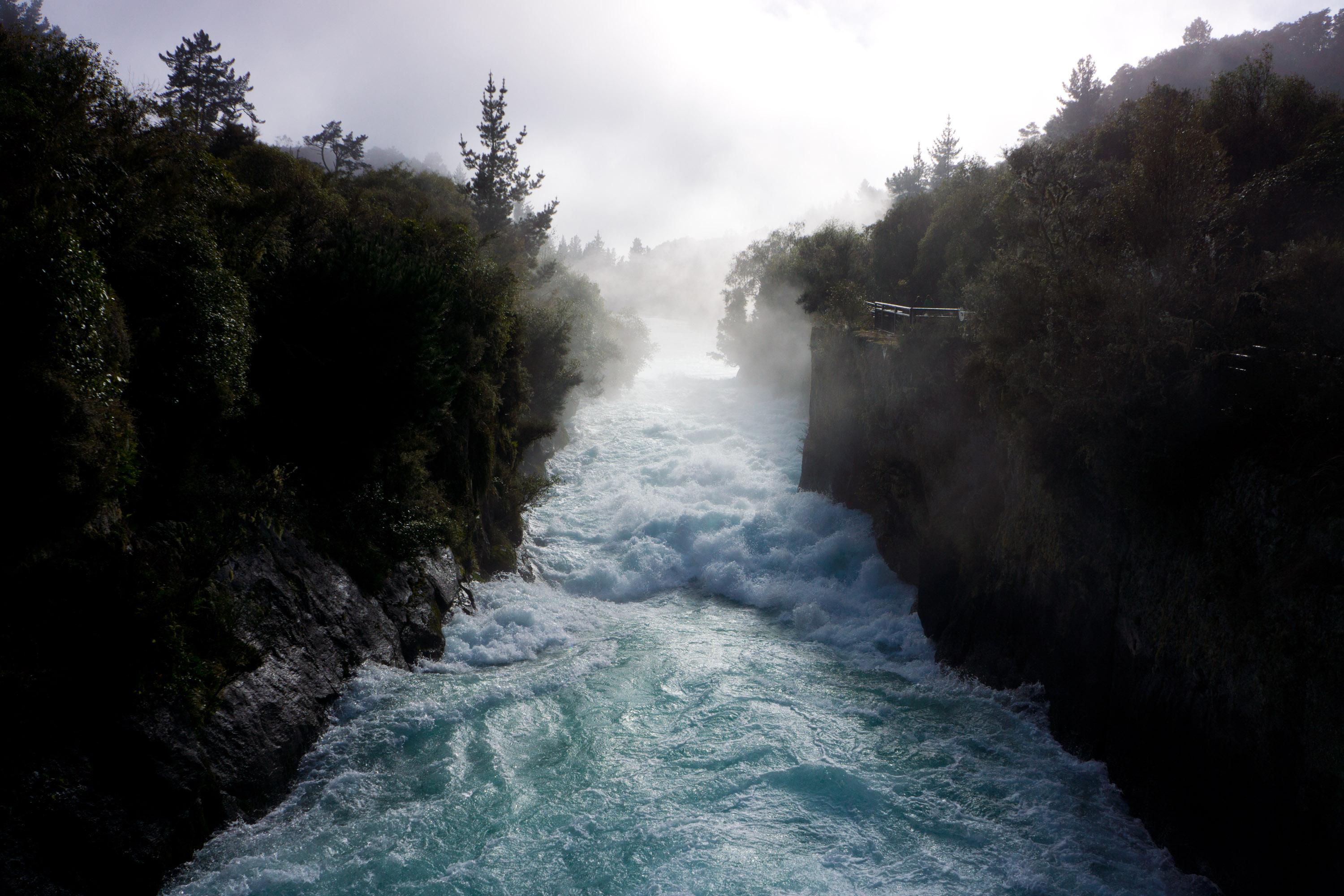 A river rushes through a misty, forested gorge