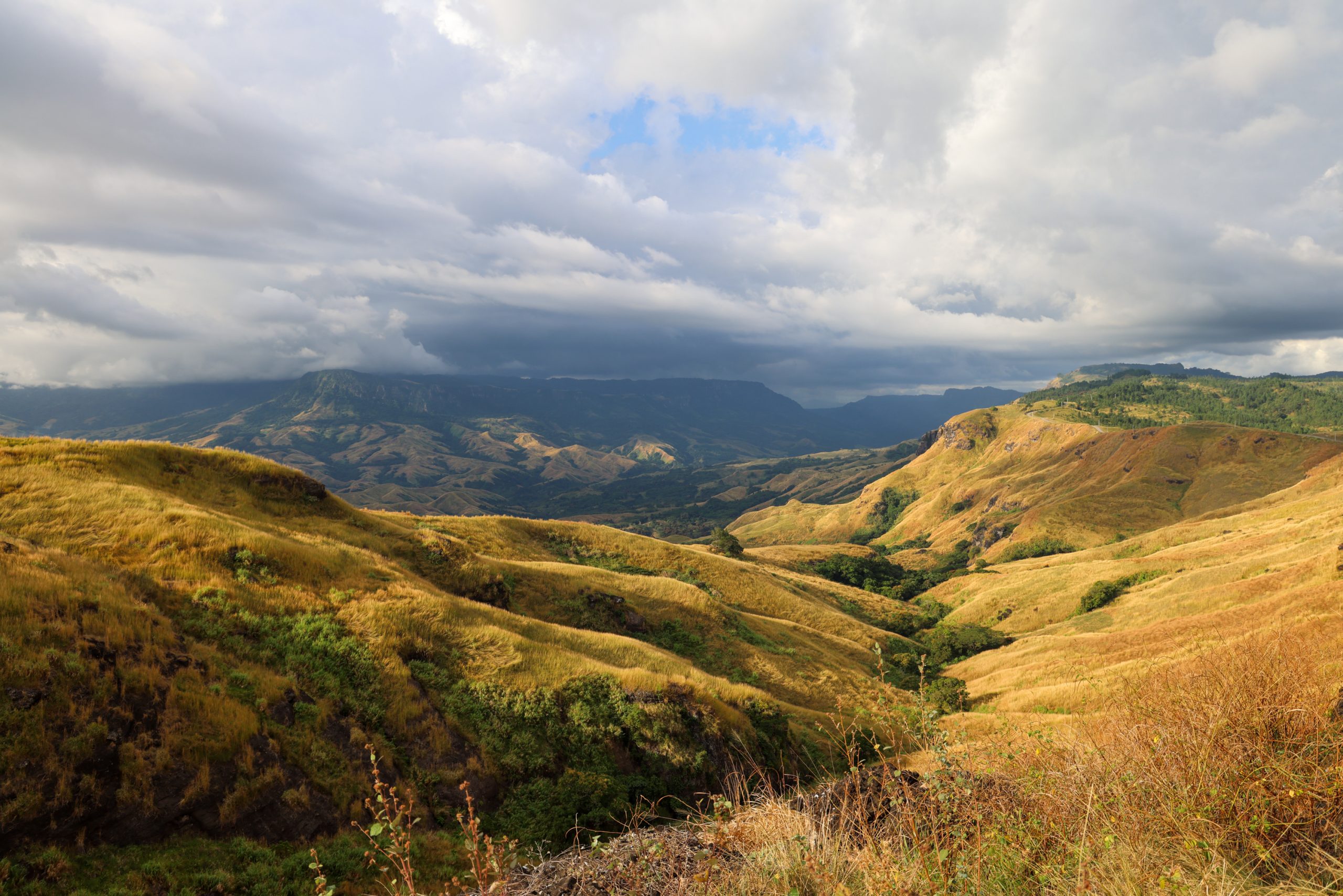 Rolling green highlands stretch toward misty mountains under a cloudy sky in Fiji