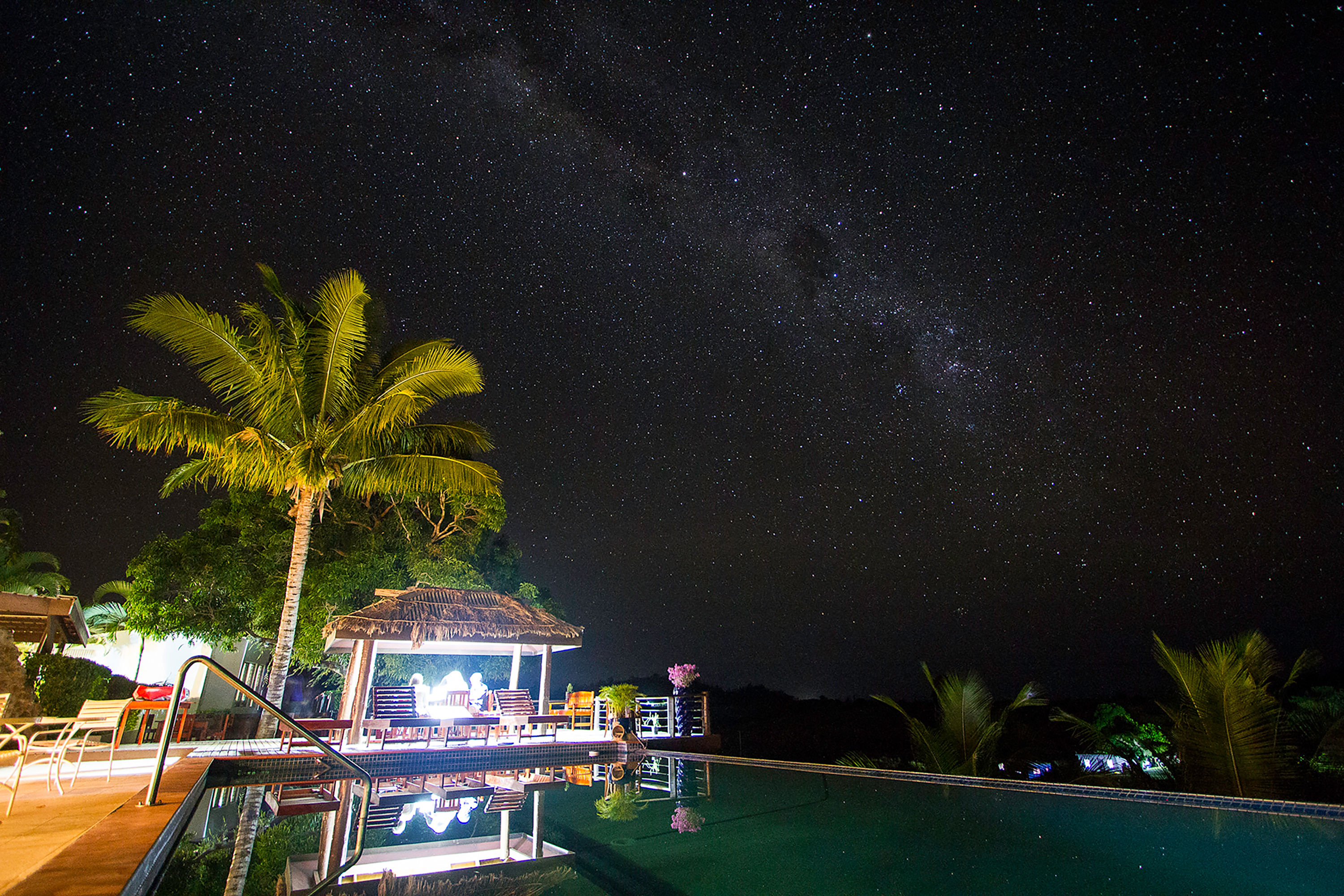 Starry night sky and Milky Way over a palm tree and poolside cabana