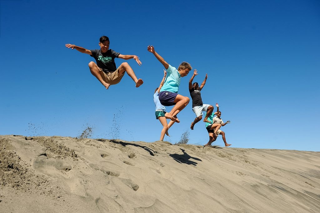 Students are surfing down san dunes.