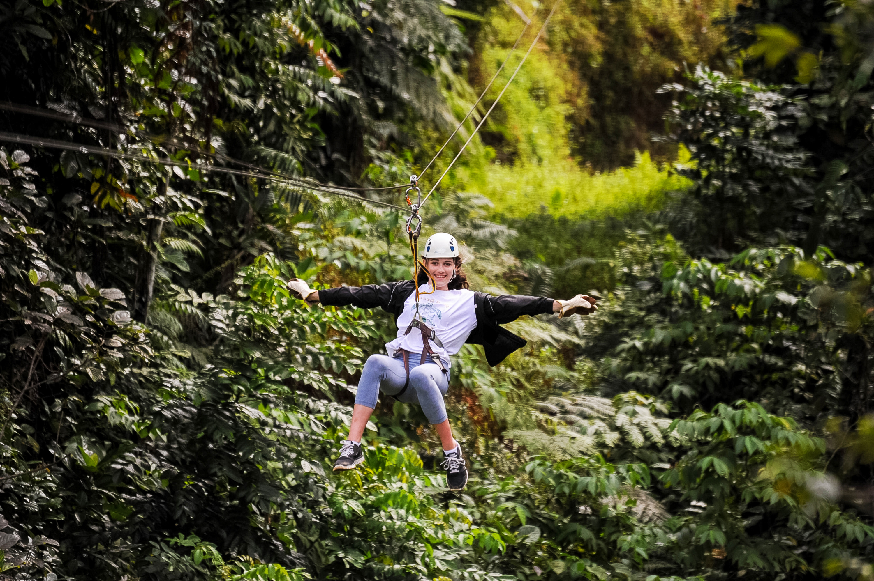 A student zip-lines through the rainforest canopy with arms outstretched