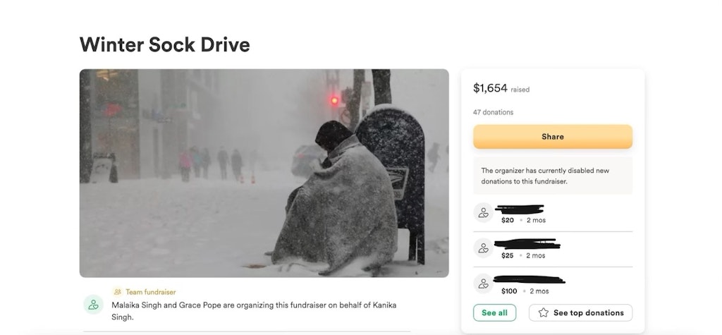 GoFundMe page screenshot of Winter Sock Drive with $1,654 raised