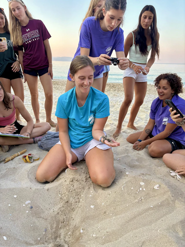 A conservation leader in a teal shirt kneels on the sand holding a sea turtle hatchling as students gather around her on a beach in Greece
