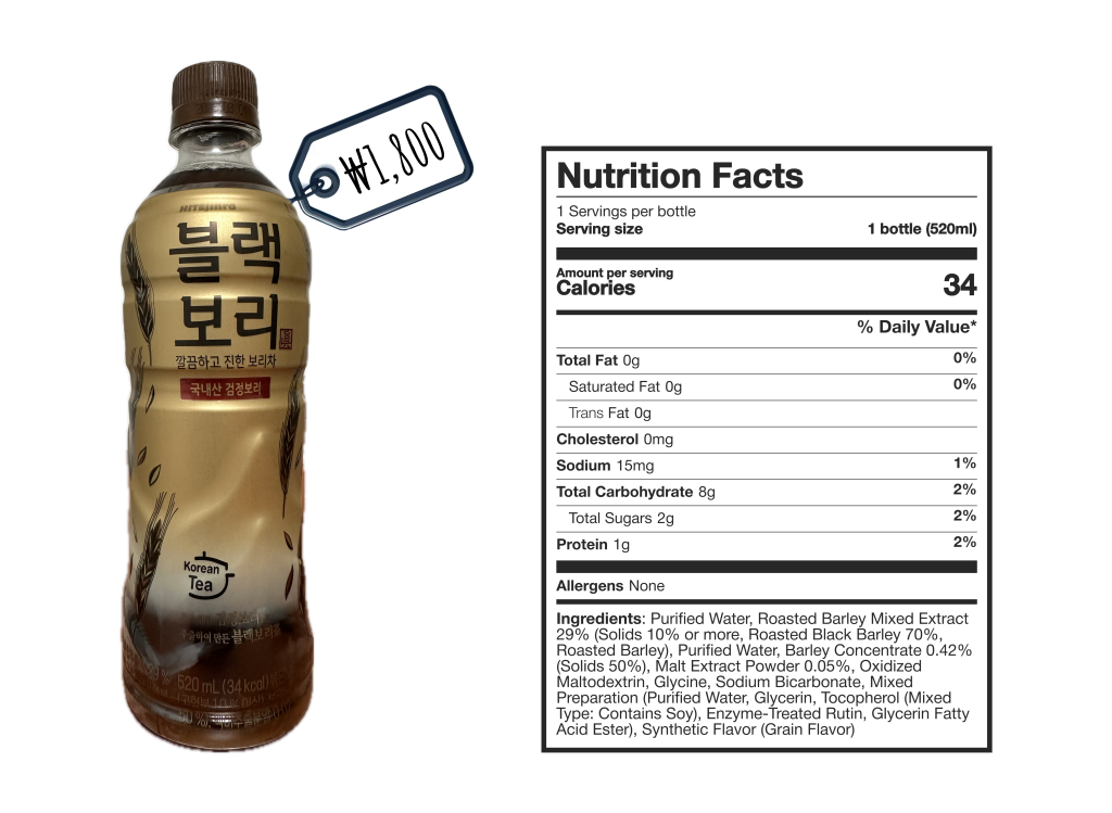 Transparent 520ml bottle of Hite Roasted Dark Barley Tea priced at ₩1,800, displaying dark text and golden barley stalk graphics against a light brown liquid background. Nutrition facts state 34 calories per bottle, zero fats, 15mg sodium, 8g carbohydrates, 2g sugars, and 1g protein, with no allergens listed. Ingredients include roasted barley and purified water.