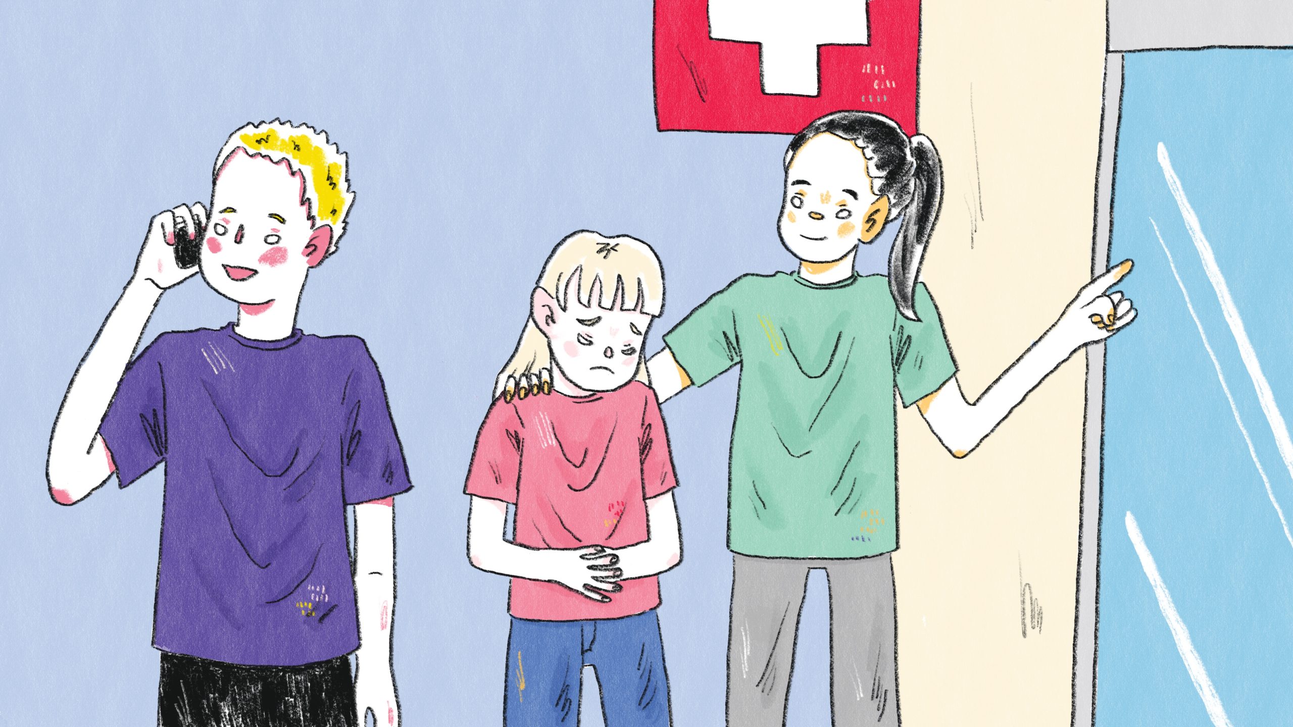 Hand-drawn illustration of a teen travel leader taking a sick student to a medical facility while another leader talks to the parents.