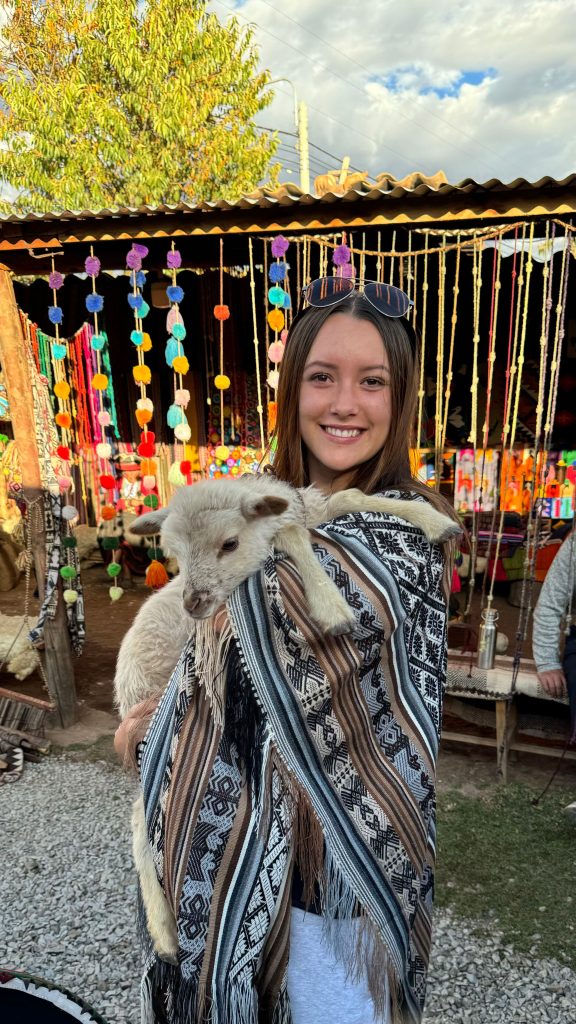 A teen girl on a cultural immersion teen tour in Peru smiles while holding a baby lamb and wearing traditional Andean clothing