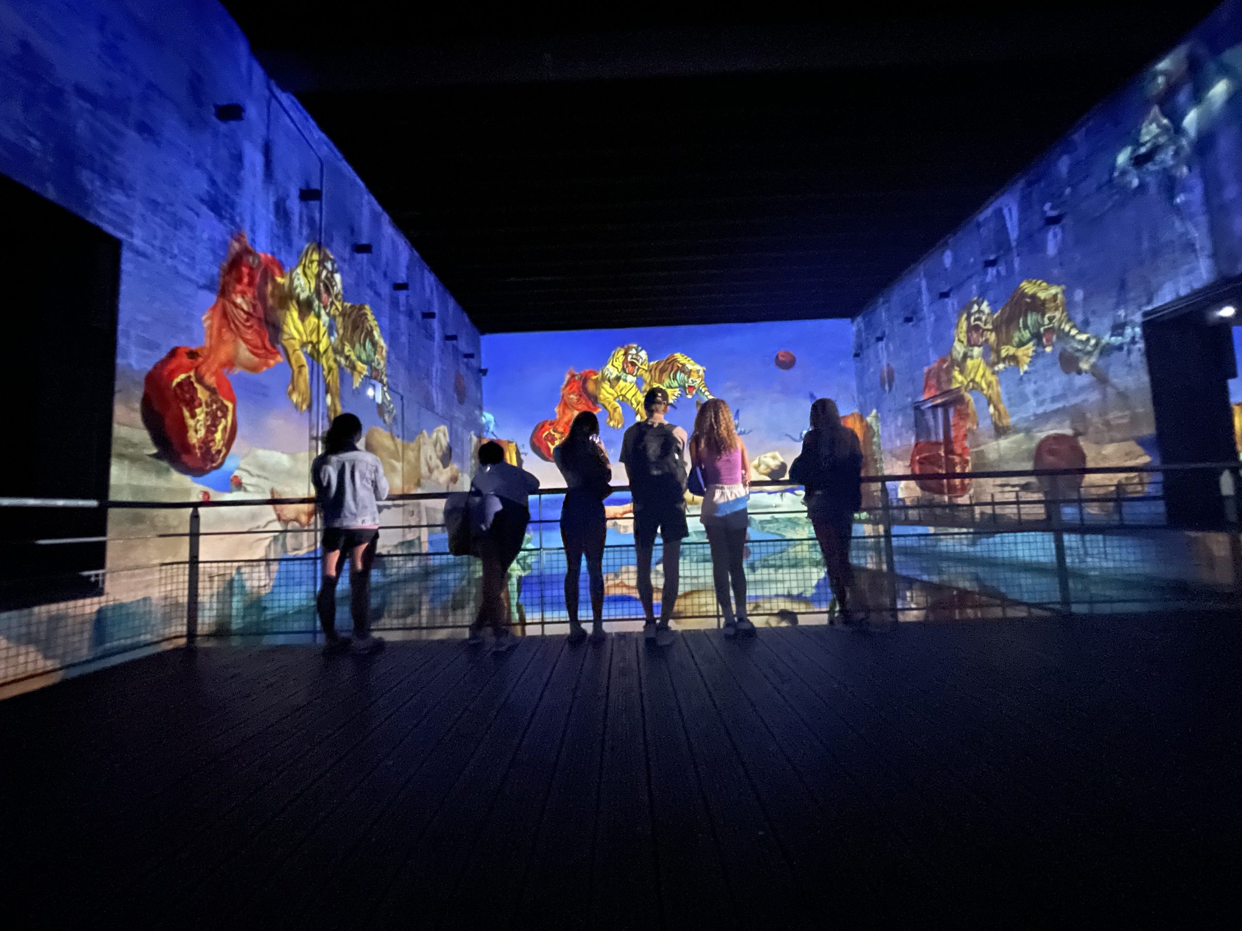 Visitors viewing a digital art installation featuring vibrant images on the walls