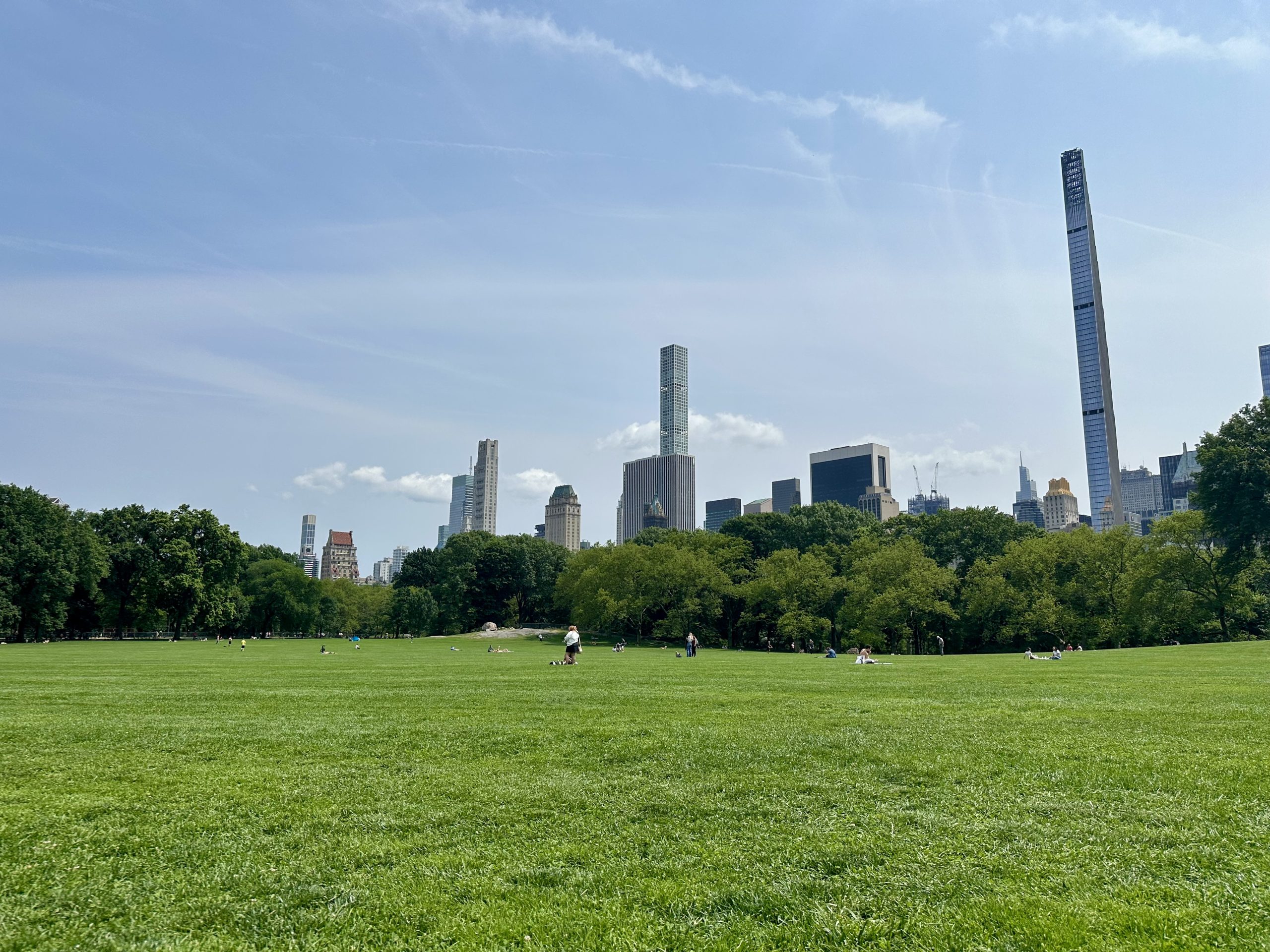 Open grassy field in Central Park with the New York City skyline in the background.