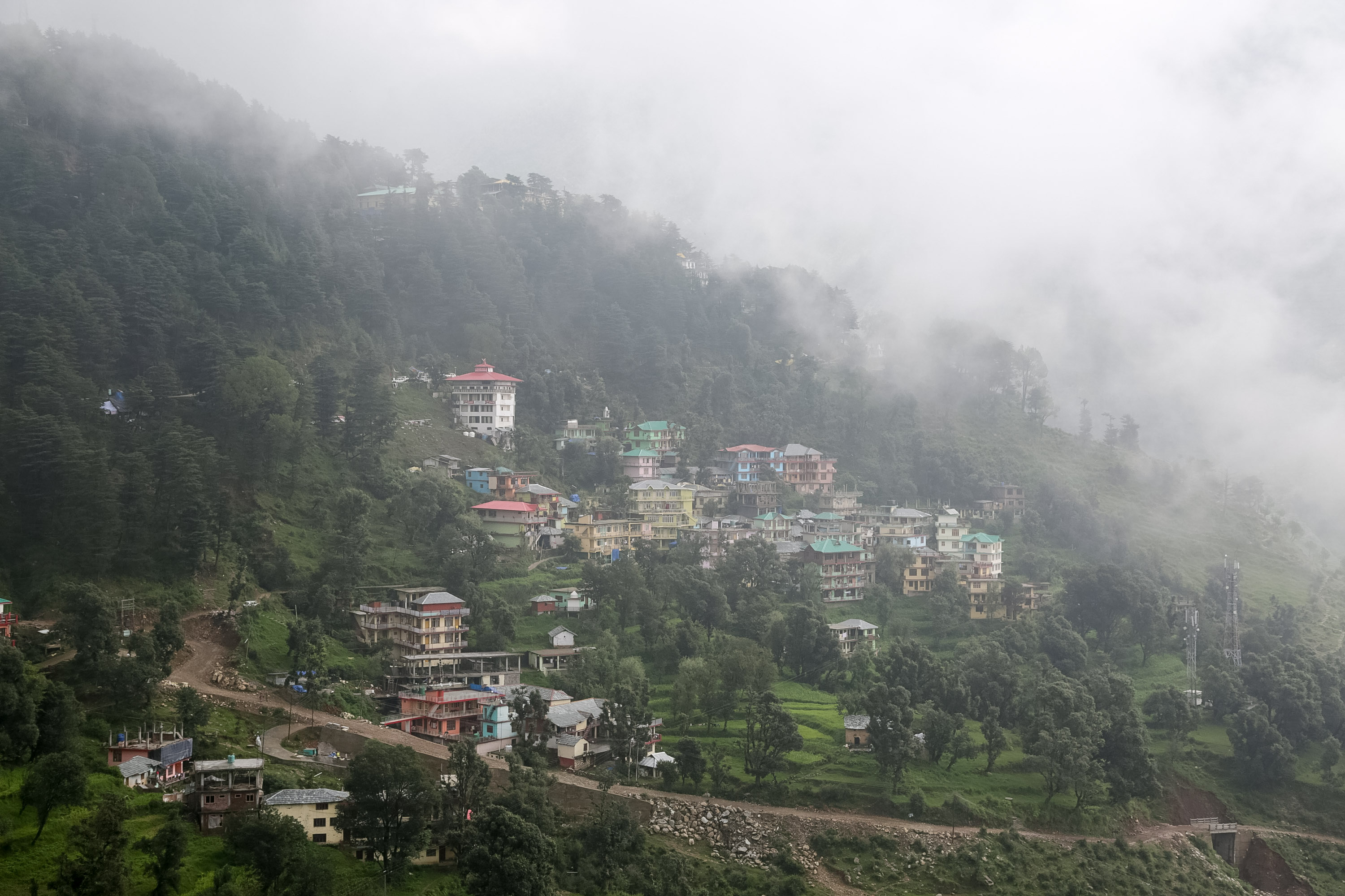 A hillside village with colorful buildings nestled among forested slopes and drifting clouds