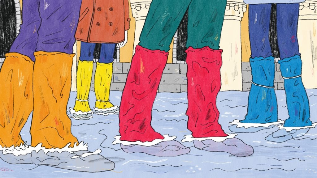 Is Flooding in Venice a new phenomenon? A hand-drawn illustration of people wading through a Venice canal.