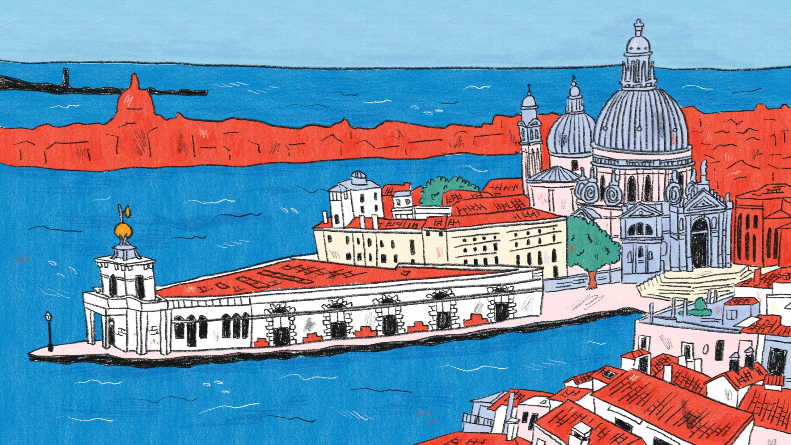 Is Venice Sinking: hand-drawn illustration of Venice's historic lagoon waterfront.